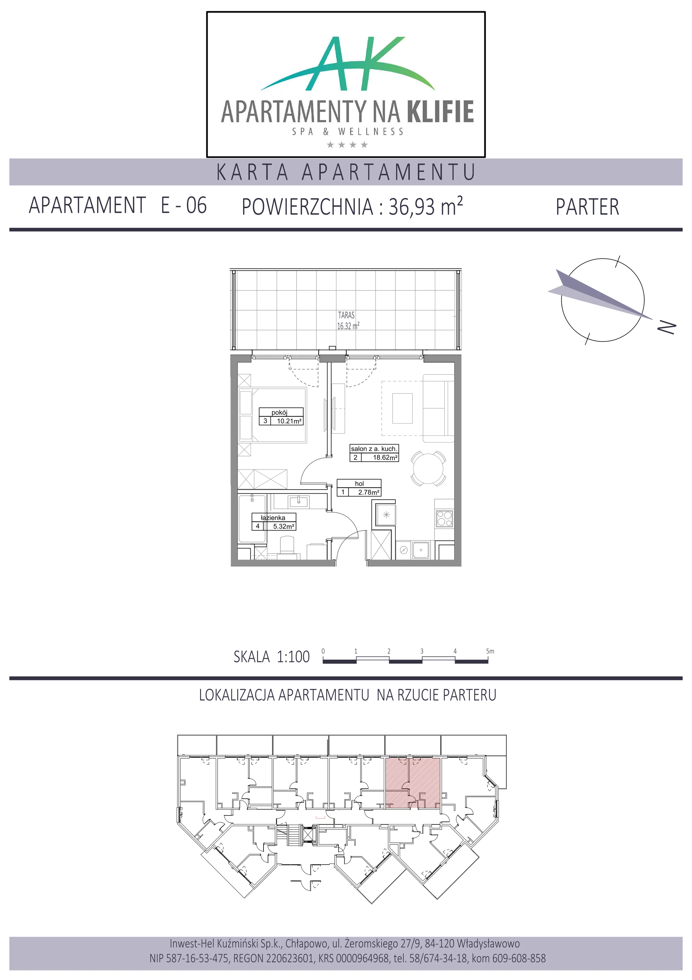 Apartament 36,93 m², parter, oferta nr E-06, Apartamenty na Klifie, Władysławowo, Chłapowo, ul. Żeromskiego 27