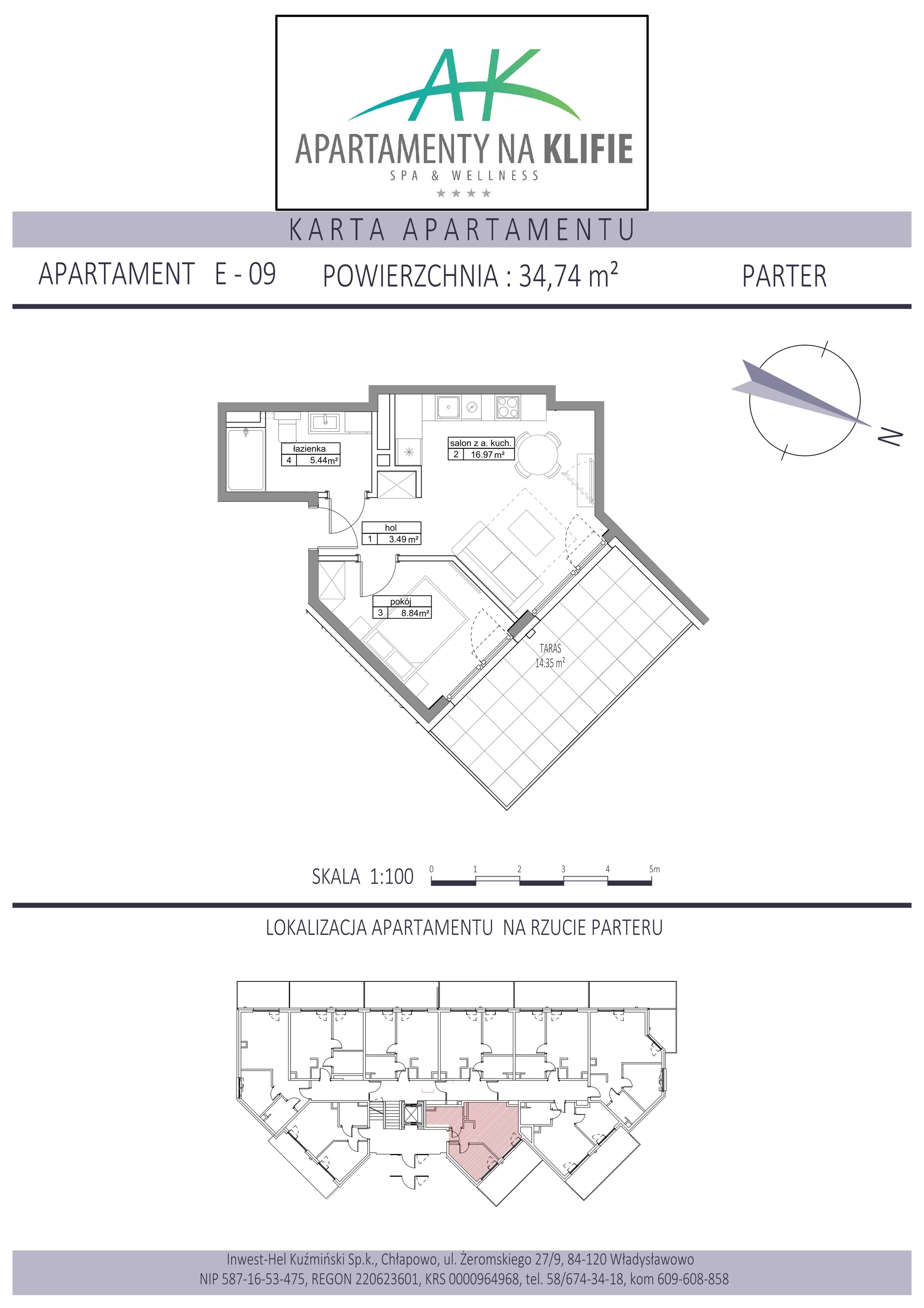 Apartament 34,74 m², parter, oferta nr E-09, Apartamenty na Klifie, Władysławowo, Chłapowo, ul. Żeromskiego 27