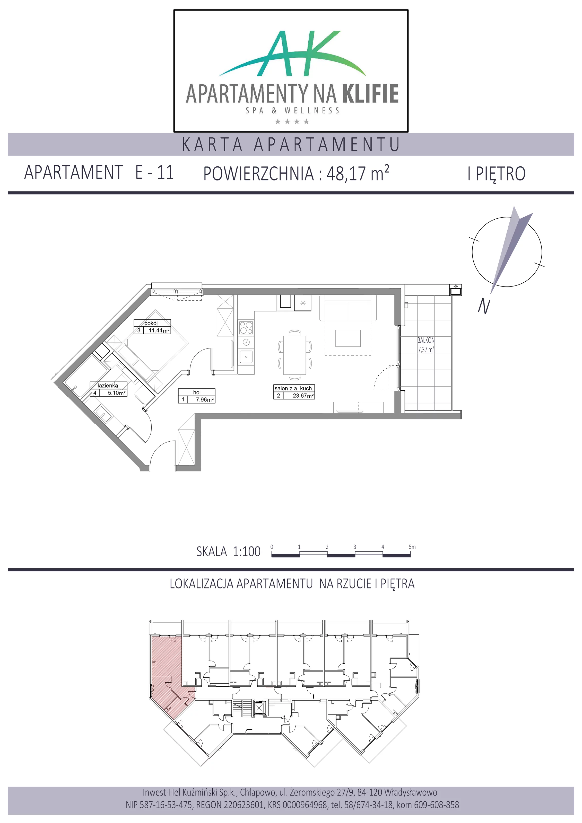 2 pokoje, apartament 48,17 m², piętro 1, oferta nr E-11, Apartamenty na Klifie, Władysławowo, Chłapowo, ul. Żeromskiego 27