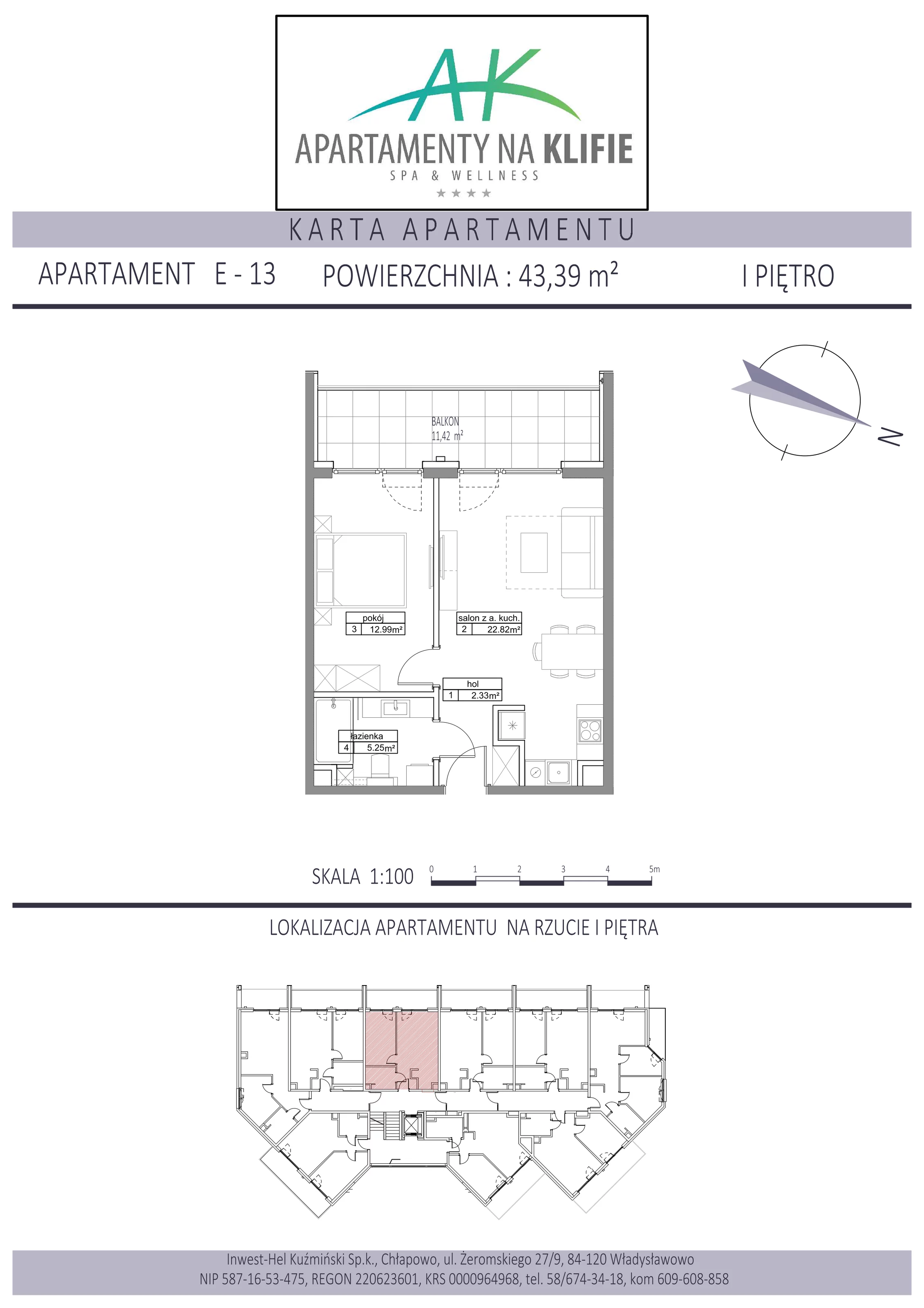 Apartament 43,39 m², piętro 1, oferta nr E-13, Apartamenty na Klifie, Władysławowo, Chłapowo, ul. Żeromskiego 27