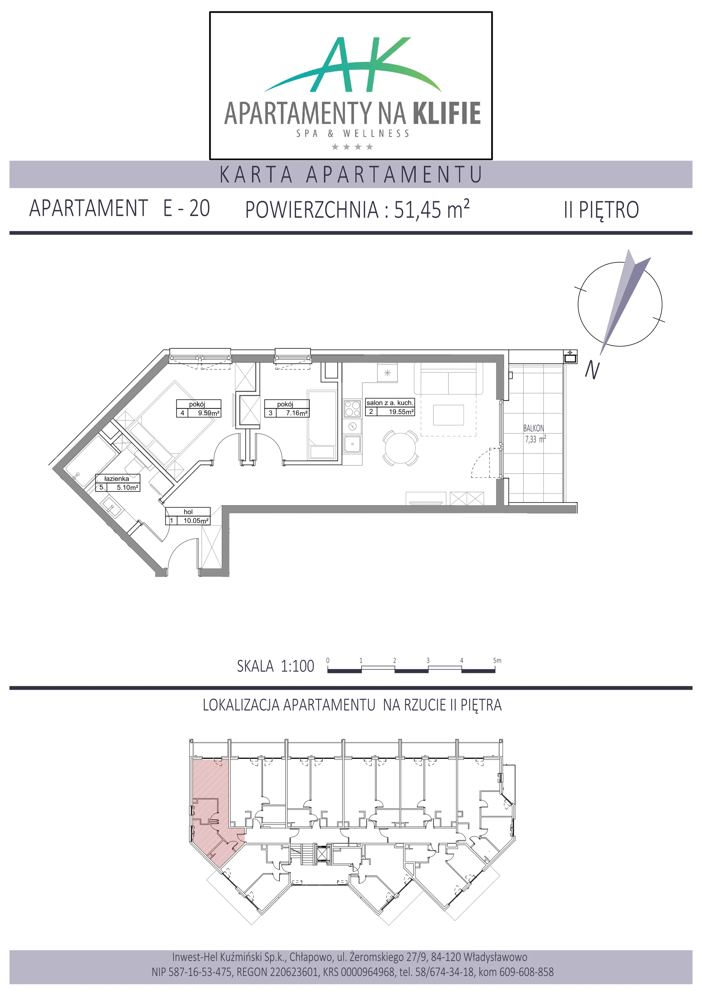 3 pokoje, apartament 51,45 m², piętro 2, oferta nr E-20, Apartamenty na Klifie, Władysławowo, Chłapowo, ul. Żeromskiego 27