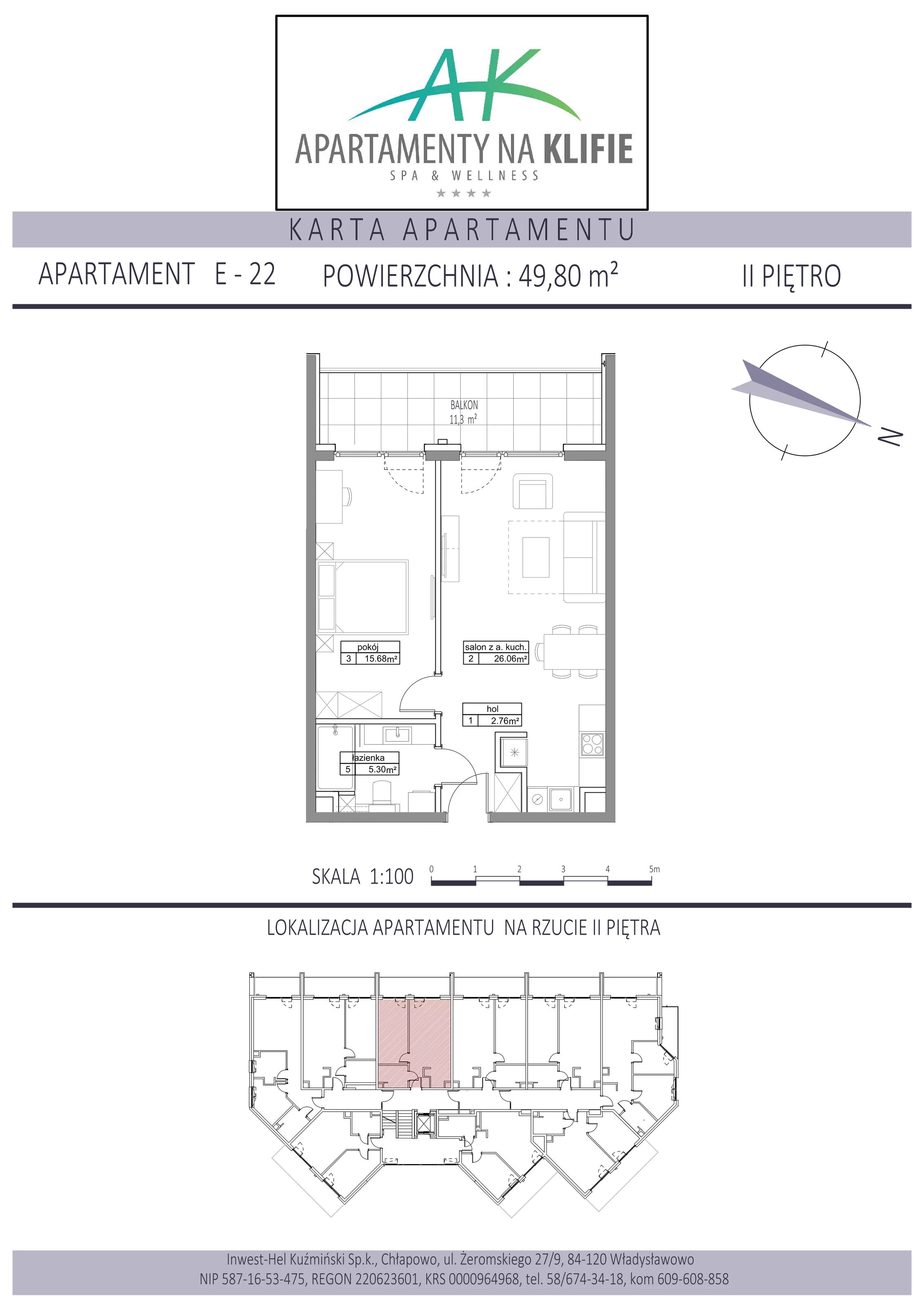 Apartament 49,80 m², piętro 2, oferta nr E-22, Apartamenty na Klifie, Władysławowo, Chłapowo, ul. Żeromskiego 27