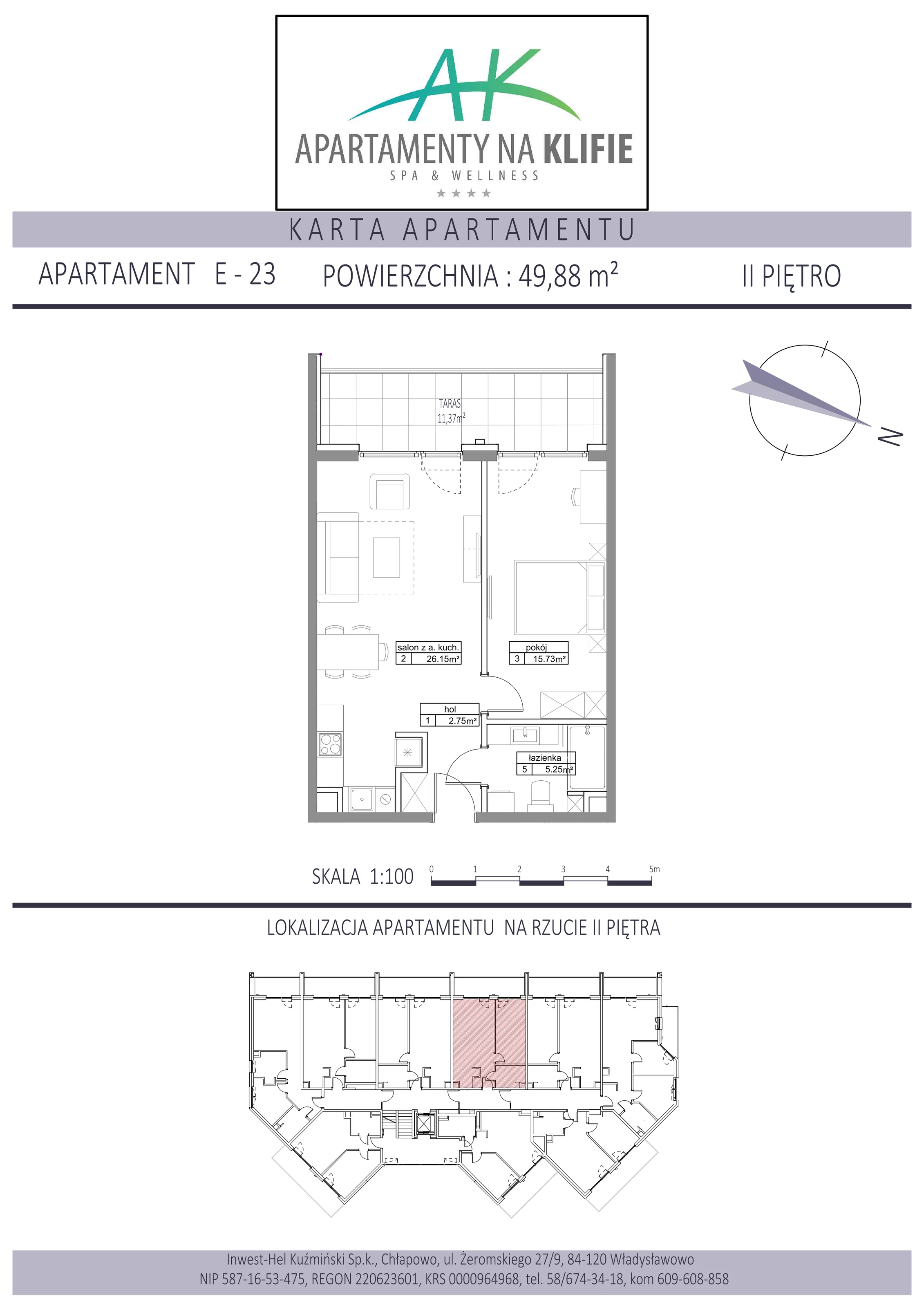 2 pokoje, apartament 49,88 m², piętro 2, oferta nr E-23, Apartamenty na Klifie, Władysławowo, Chłapowo, ul. Żeromskiego 27