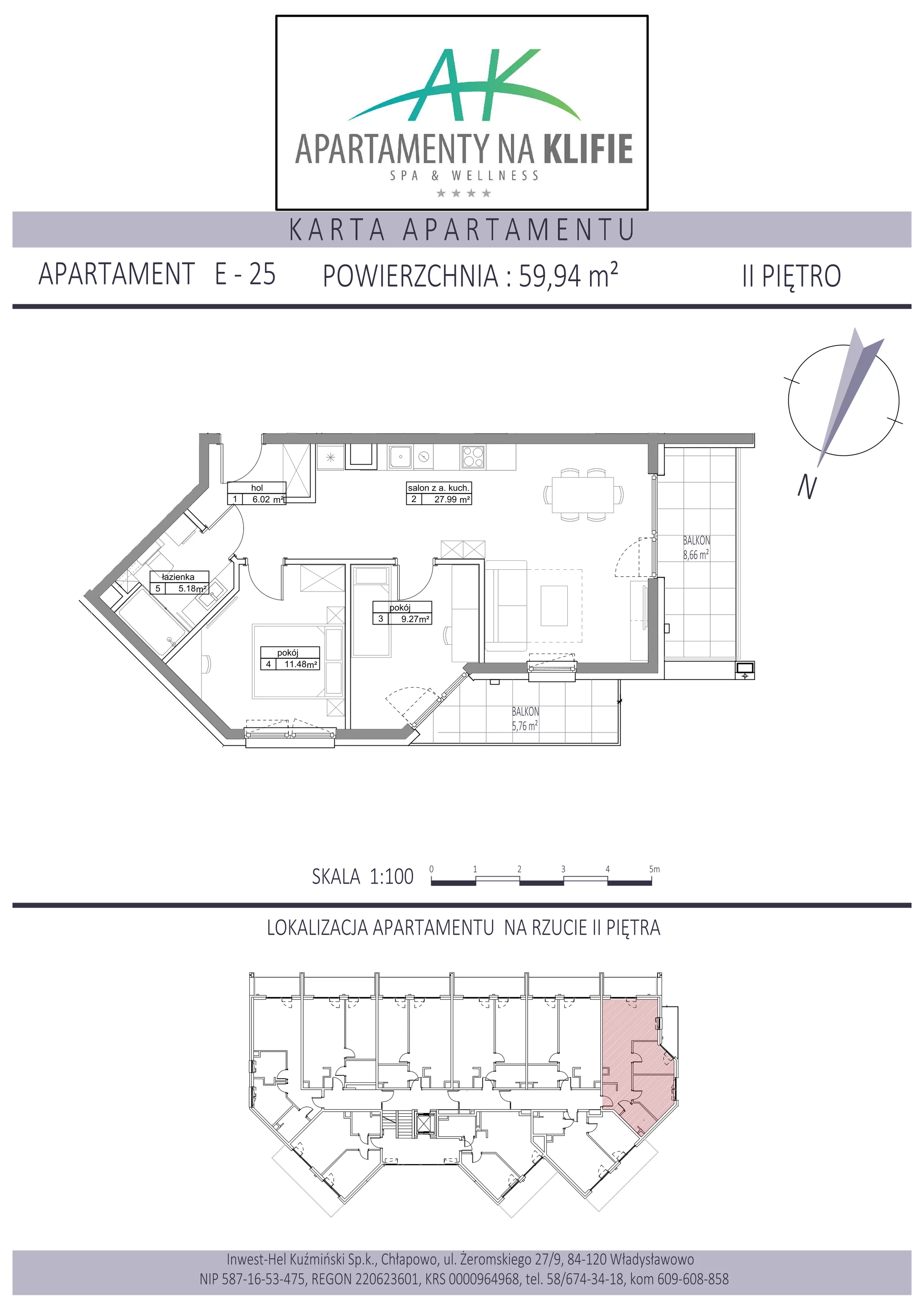 3 pokoje, apartament 59,94 m², piętro 2, oferta nr E-25, Apartamenty na Klifie, Władysławowo, Chłapowo, ul. Żeromskiego 27