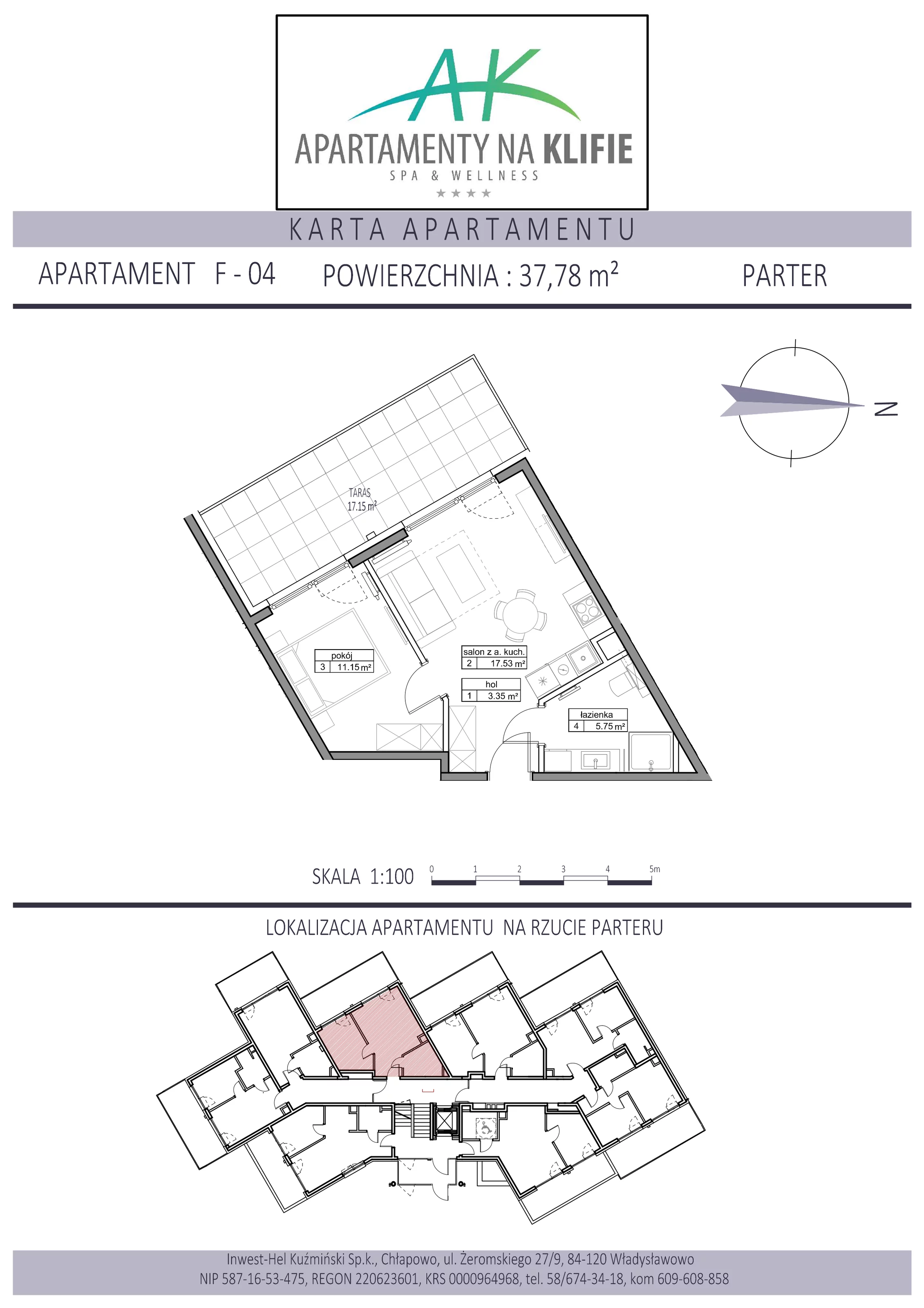 Apartament 37,78 m², parter, oferta nr F-04, Apartamenty na Klifie, Władysławowo, Chłapowo, ul. Żeromskiego 27