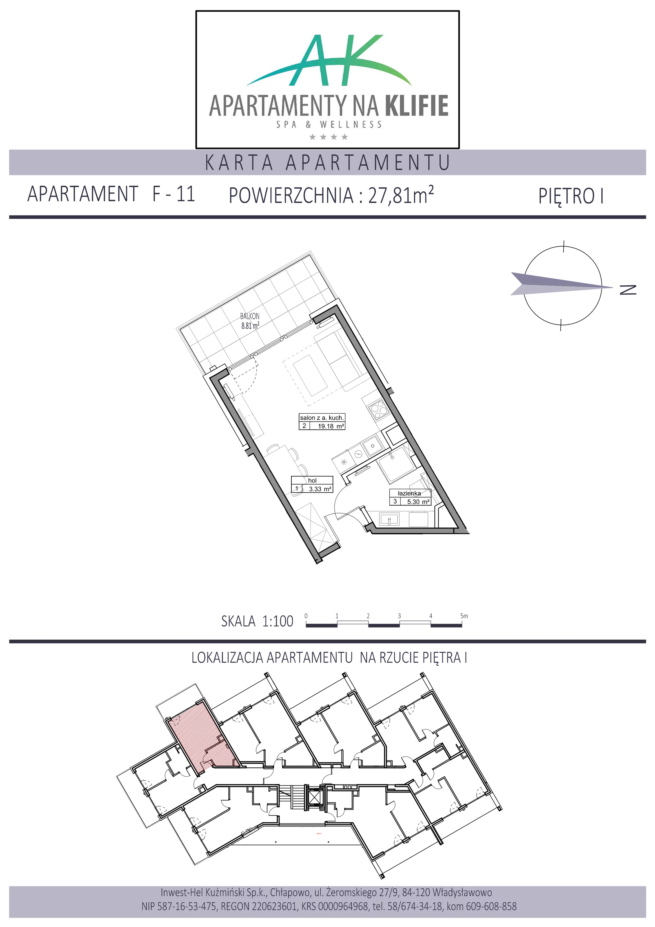 1 pokój, apartament 27,81 m², piętro 1, oferta nr F-11, Apartamenty na Klifie, Władysławowo, Chłapowo, ul. Żeromskiego 27