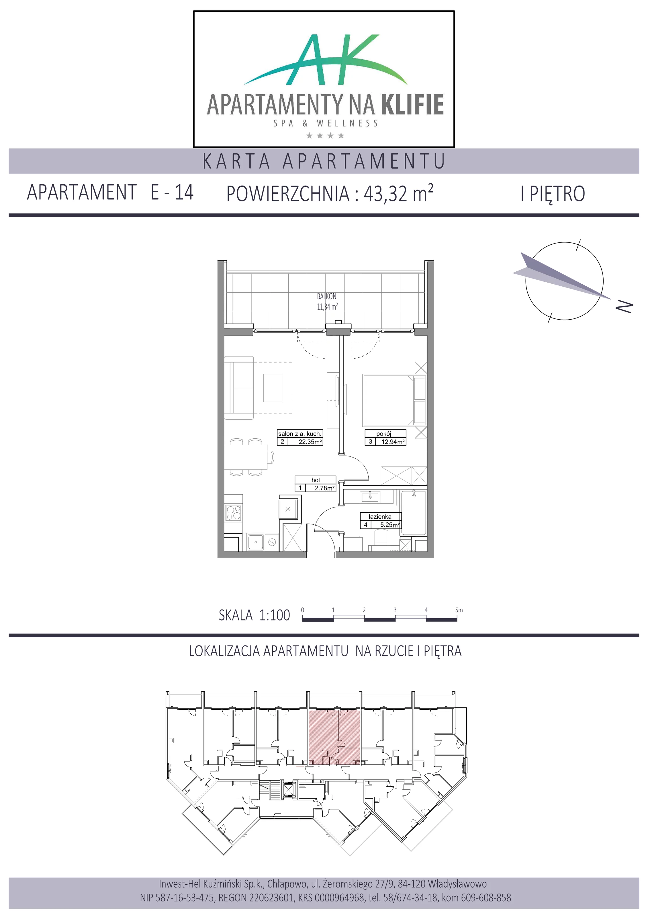 Apartament 43,32 m², parter, oferta nr E-14, Apartamenty na Klifie, Władysławowo, Chłapowo, ul. Żeromskiego 27