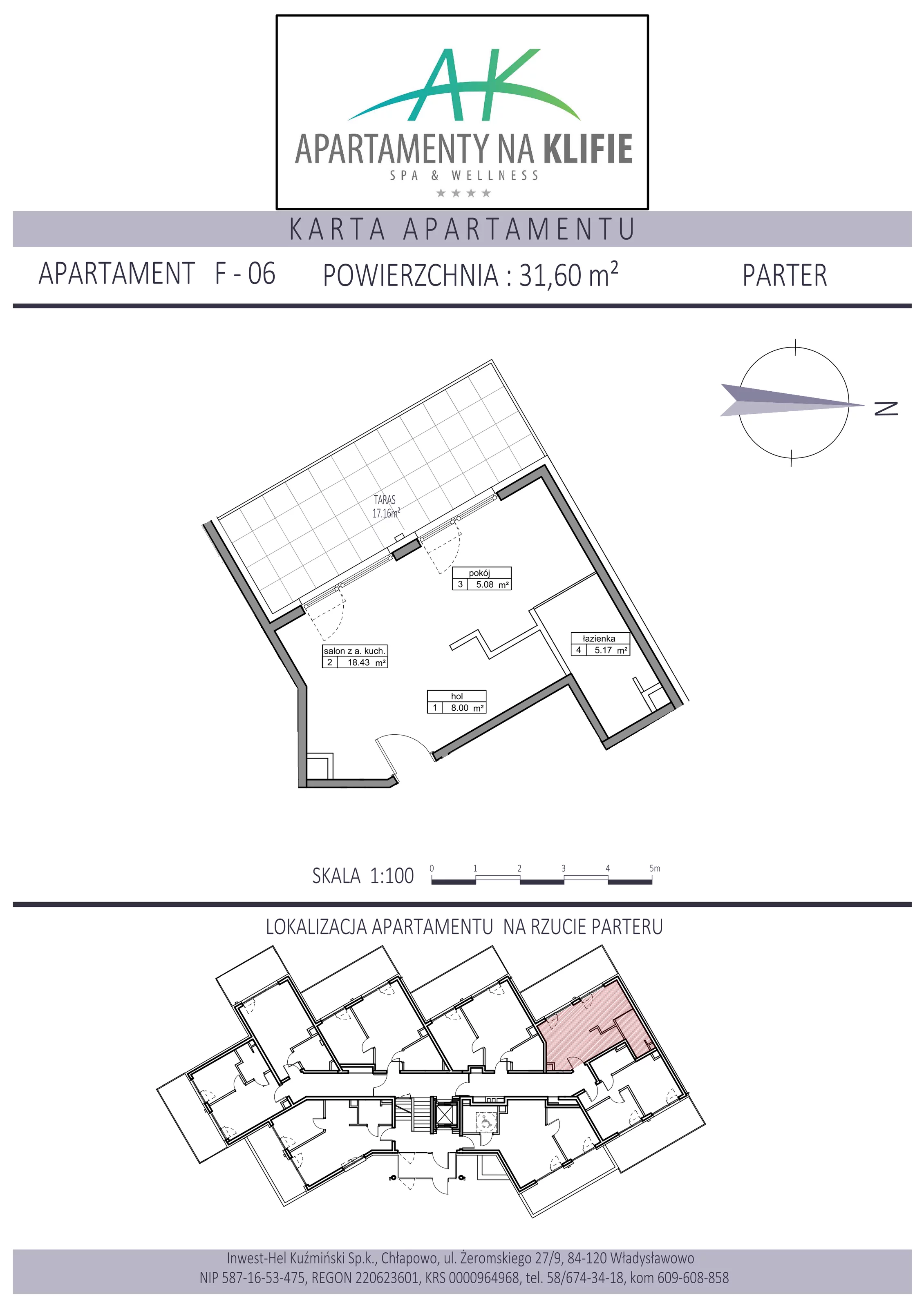 Apartament 31,60 m², parter, oferta nr F-06, Apartamenty na Klifie, Władysławowo, Chłapowo, ul. Żeromskiego 27