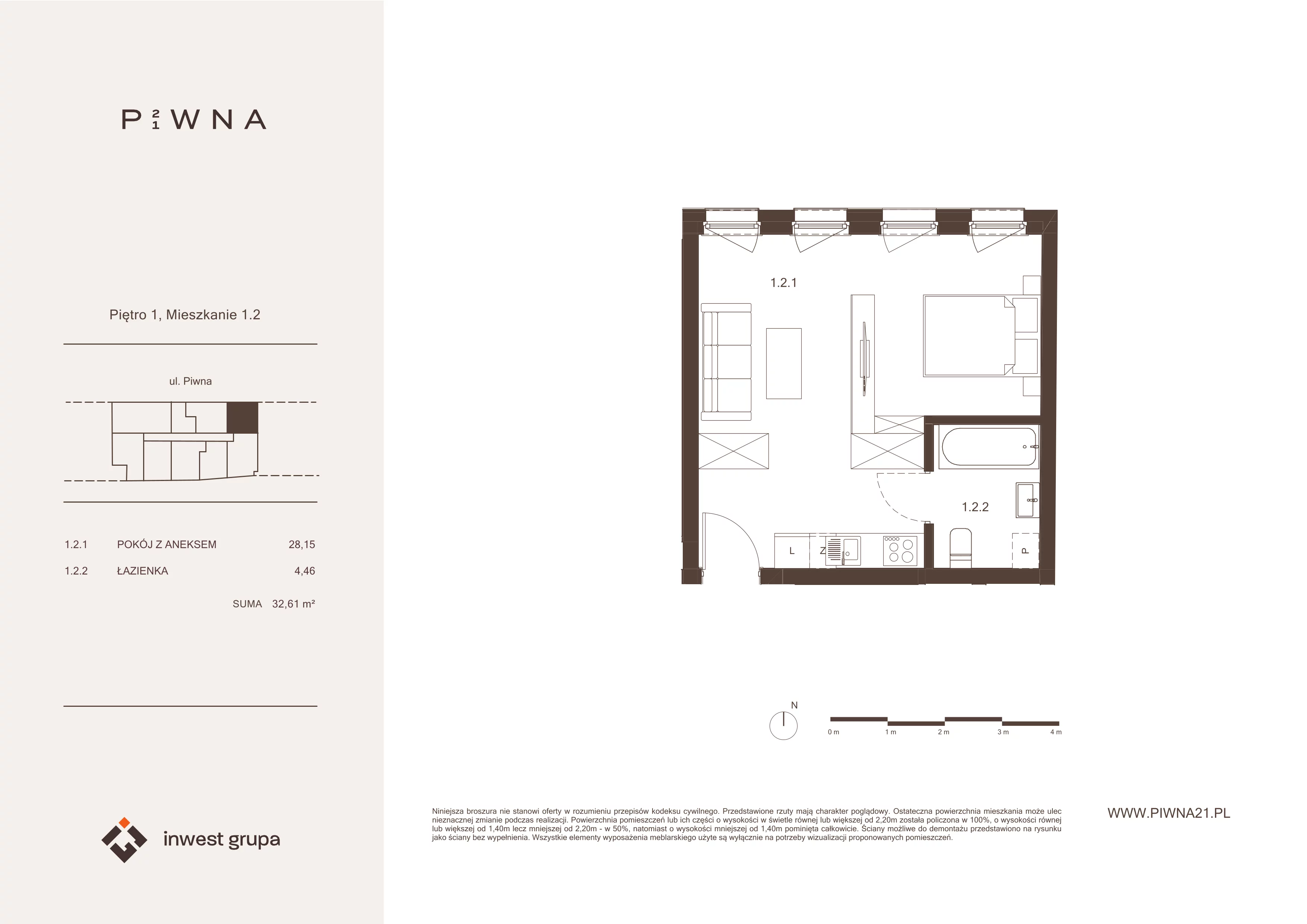 1 pokój, mieszkanie 32,61 m², piętro 1, oferta nr 1.2, Piwna 21, Wrocław, Plac Grunwaldzki, Śródmieście, ul. Piwna 21