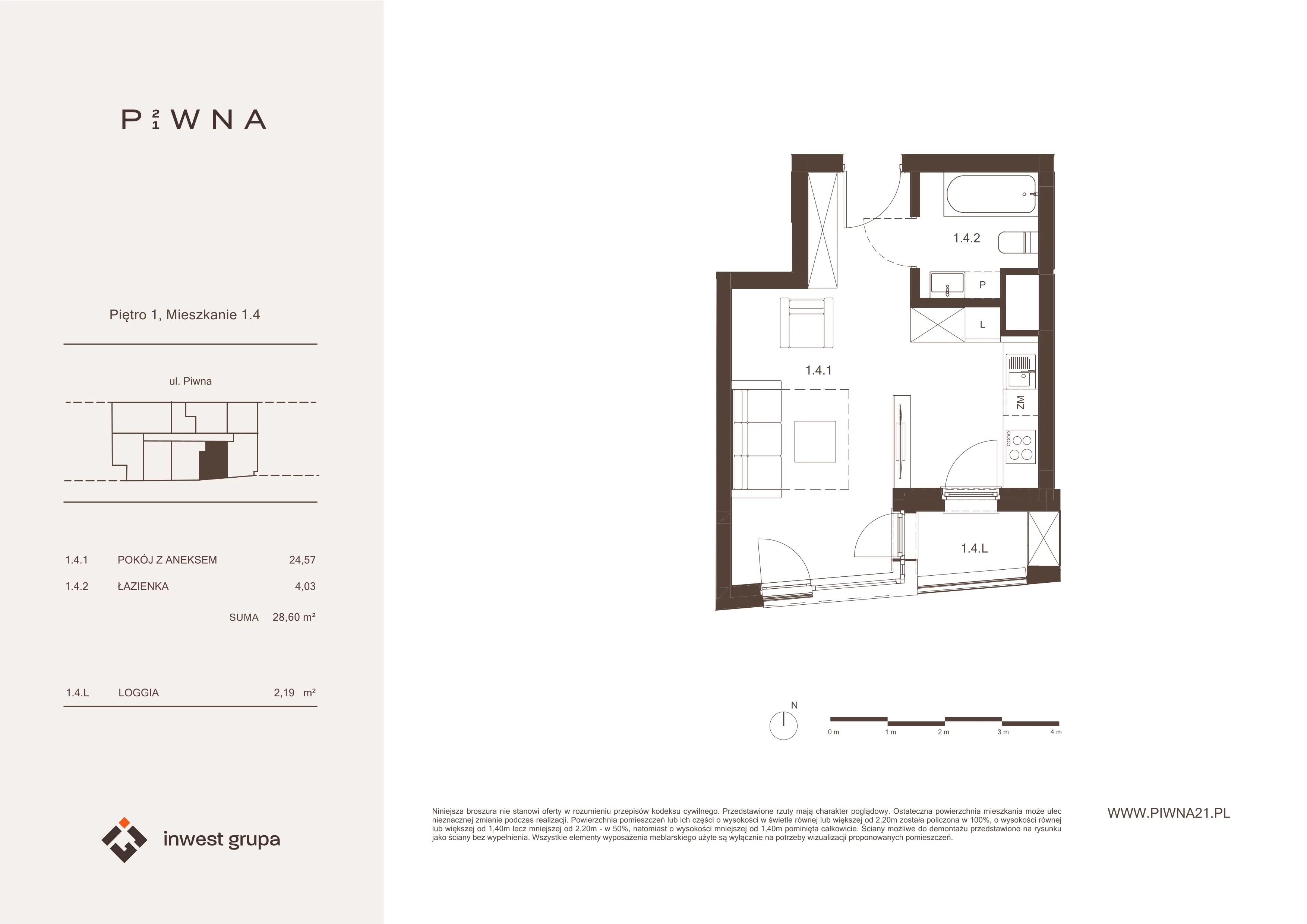 1 pokój, mieszkanie 28,60 m², piętro 1, oferta nr 1.4, Piwna 21, Wrocław, Plac Grunwaldzki, Śródmieście, ul. Piwna 21
