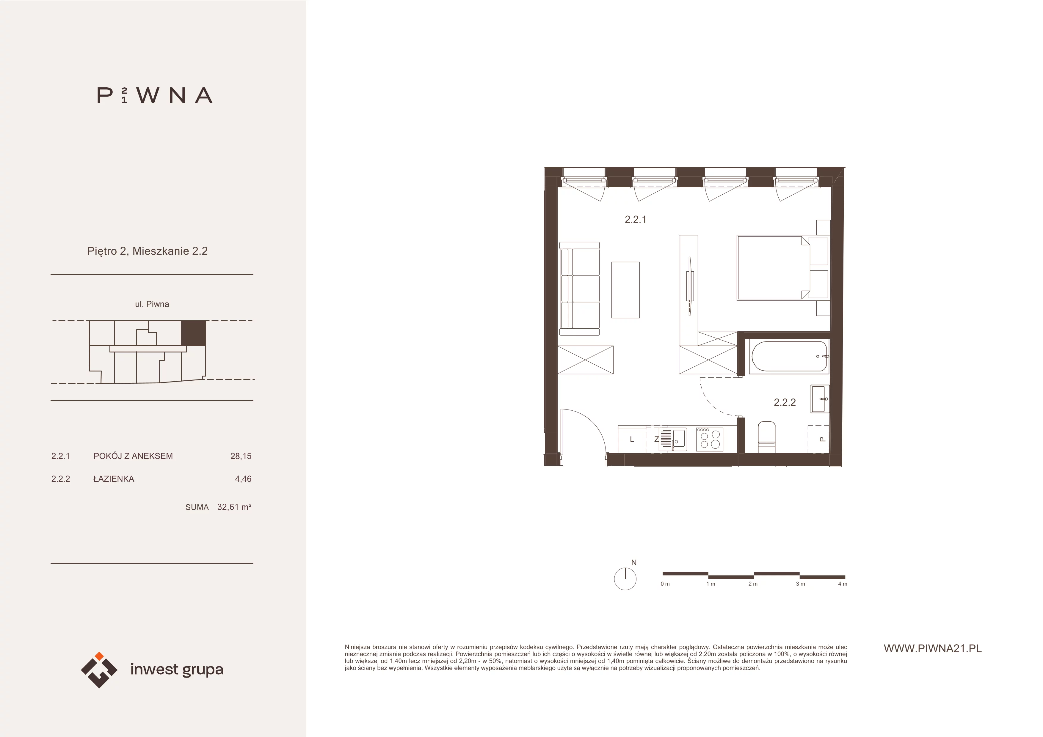 1 pokój, mieszkanie 32,61 m², piętro 2, oferta nr 2.2, Piwna 21, Wrocław, Plac Grunwaldzki, Śródmieście, ul. Piwna 21