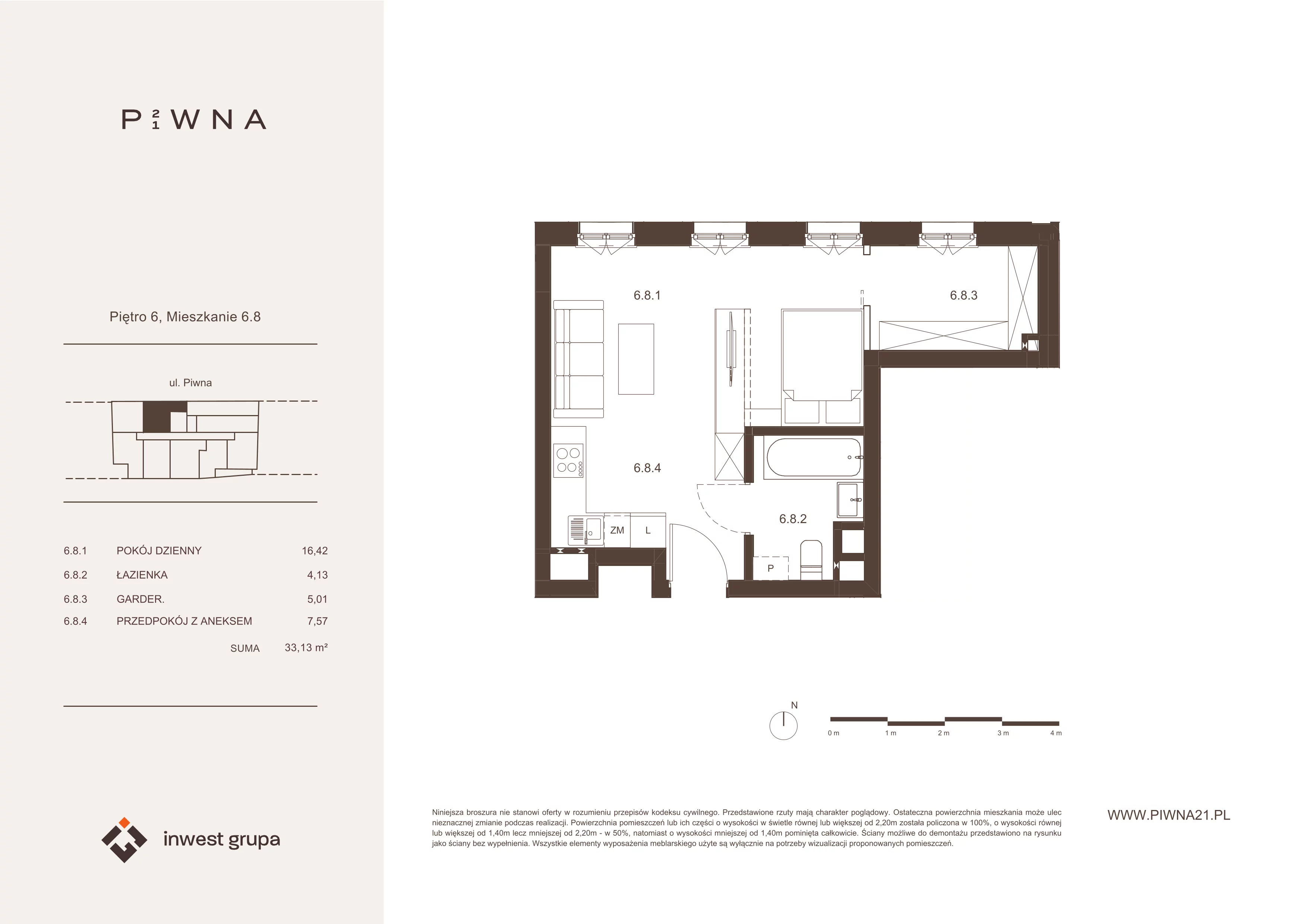 1 pokój, mieszkanie 33,12 m², piętro 6, oferta nr 6.8, Piwna 21, Wrocław, Plac Grunwaldzki, Śródmieście, ul. Piwna 21