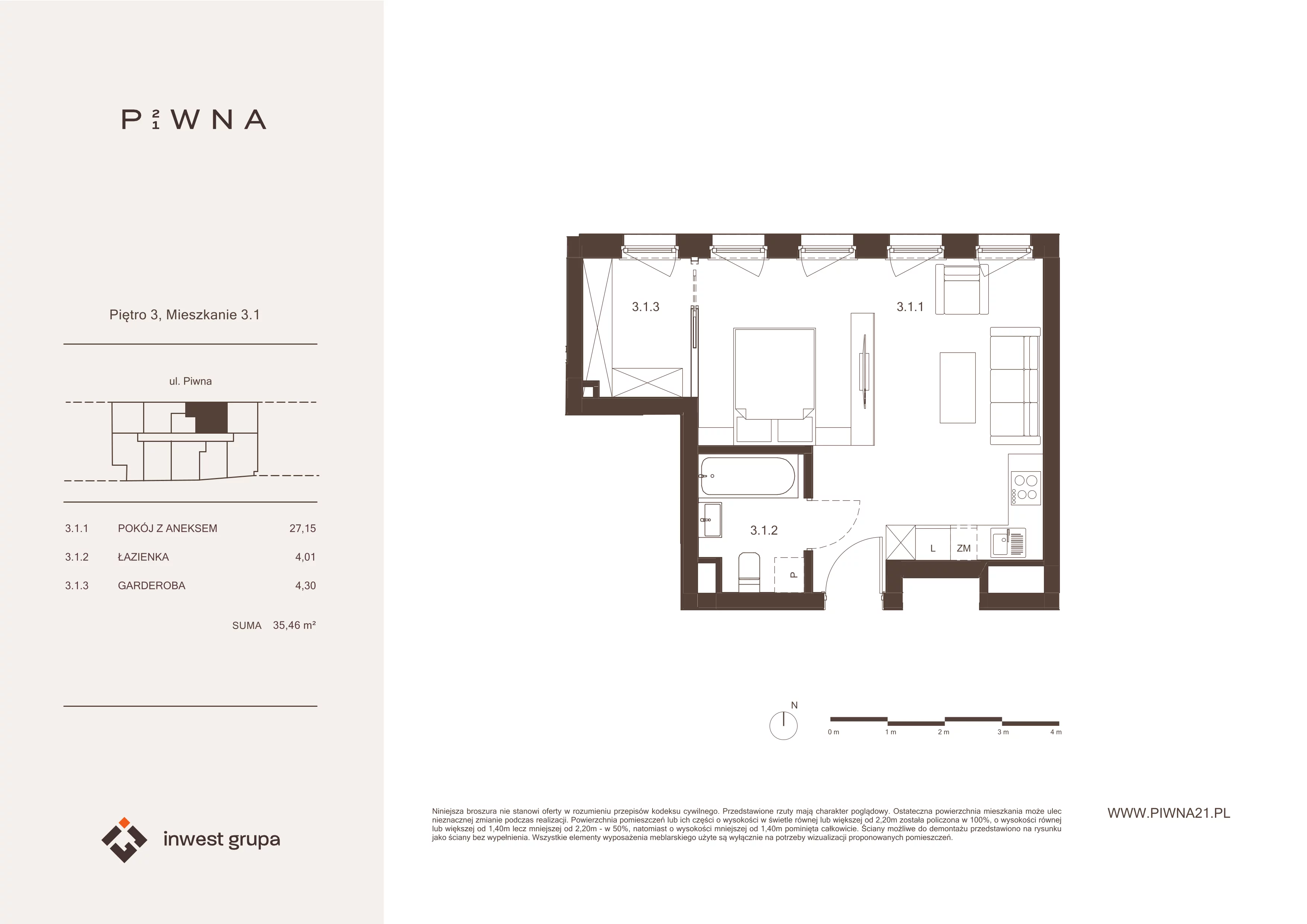 1 pokój, mieszkanie 35,46 m², piętro 3, oferta nr 3.1, Piwna 21, Wrocław, Plac Grunwaldzki, Śródmieście, ul. Piwna 21