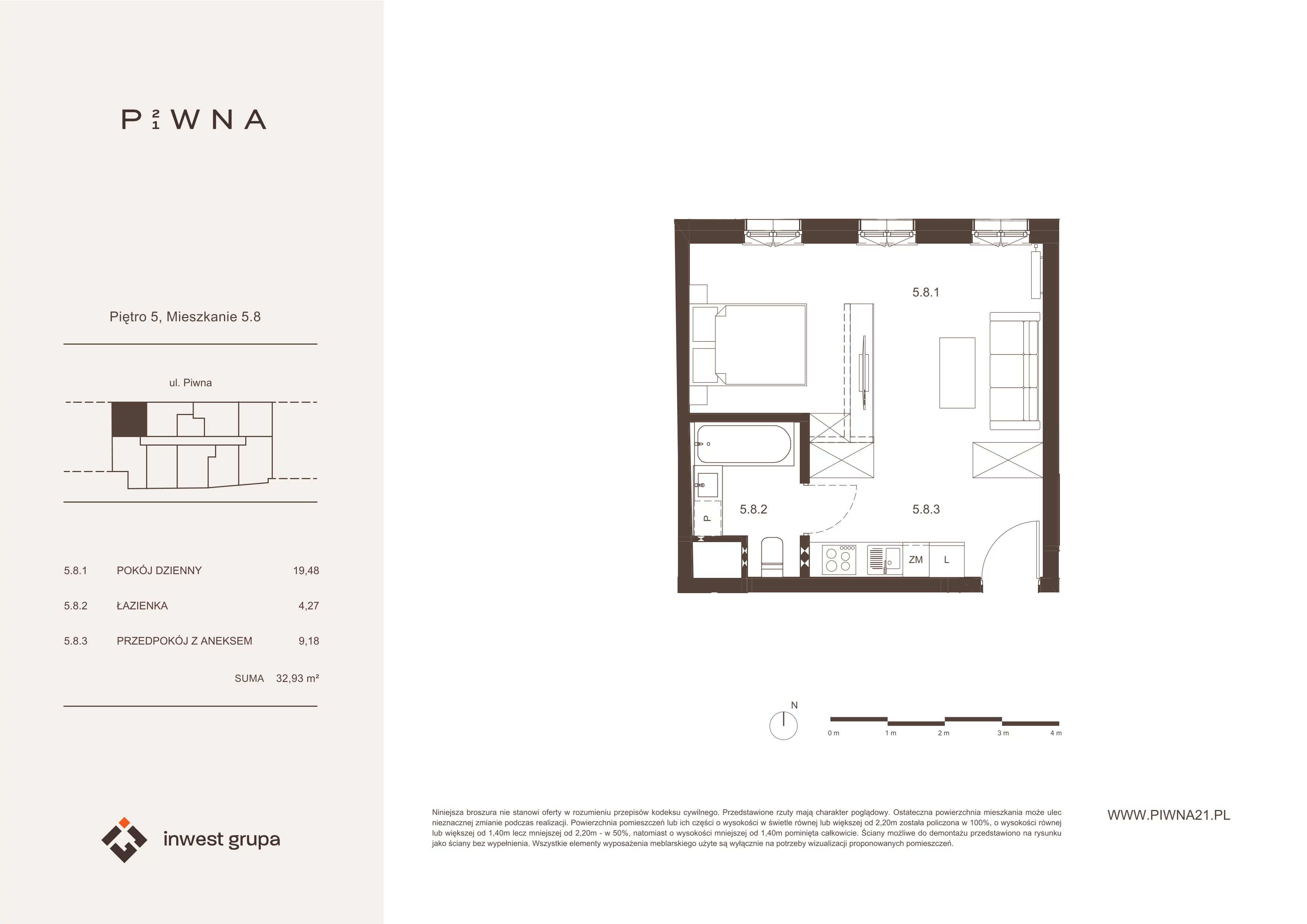 1 pokój, mieszkanie 32,93 m², piętro 5, oferta nr 5.8, Piwna 21, Wrocław, Plac Grunwaldzki, Śródmieście, ul. Piwna 21