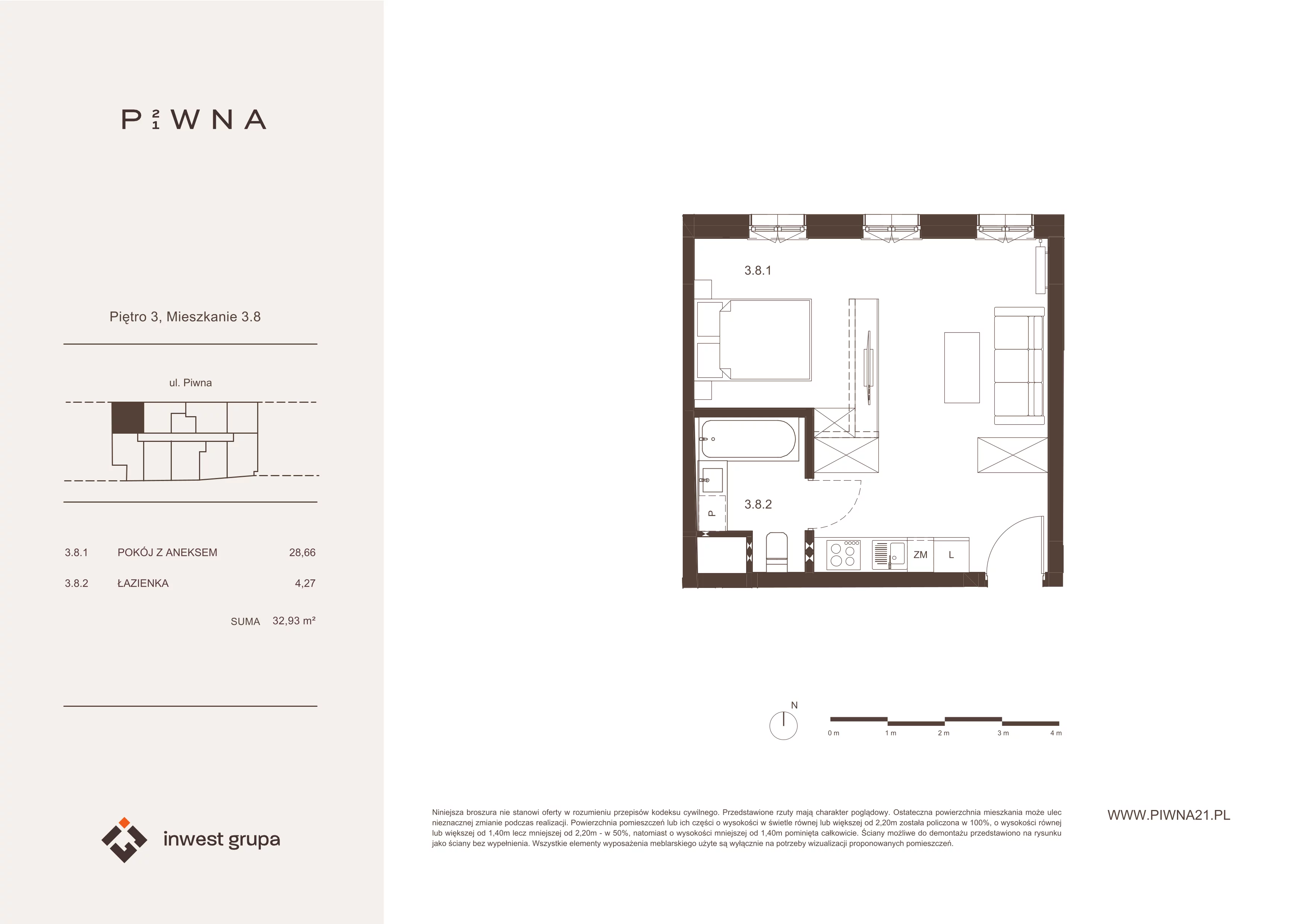 1 pokój, mieszkanie 32,93 m², piętro 3, oferta nr 3.8, Piwna 21, Wrocław, Plac Grunwaldzki, Śródmieście, ul. Piwna 21