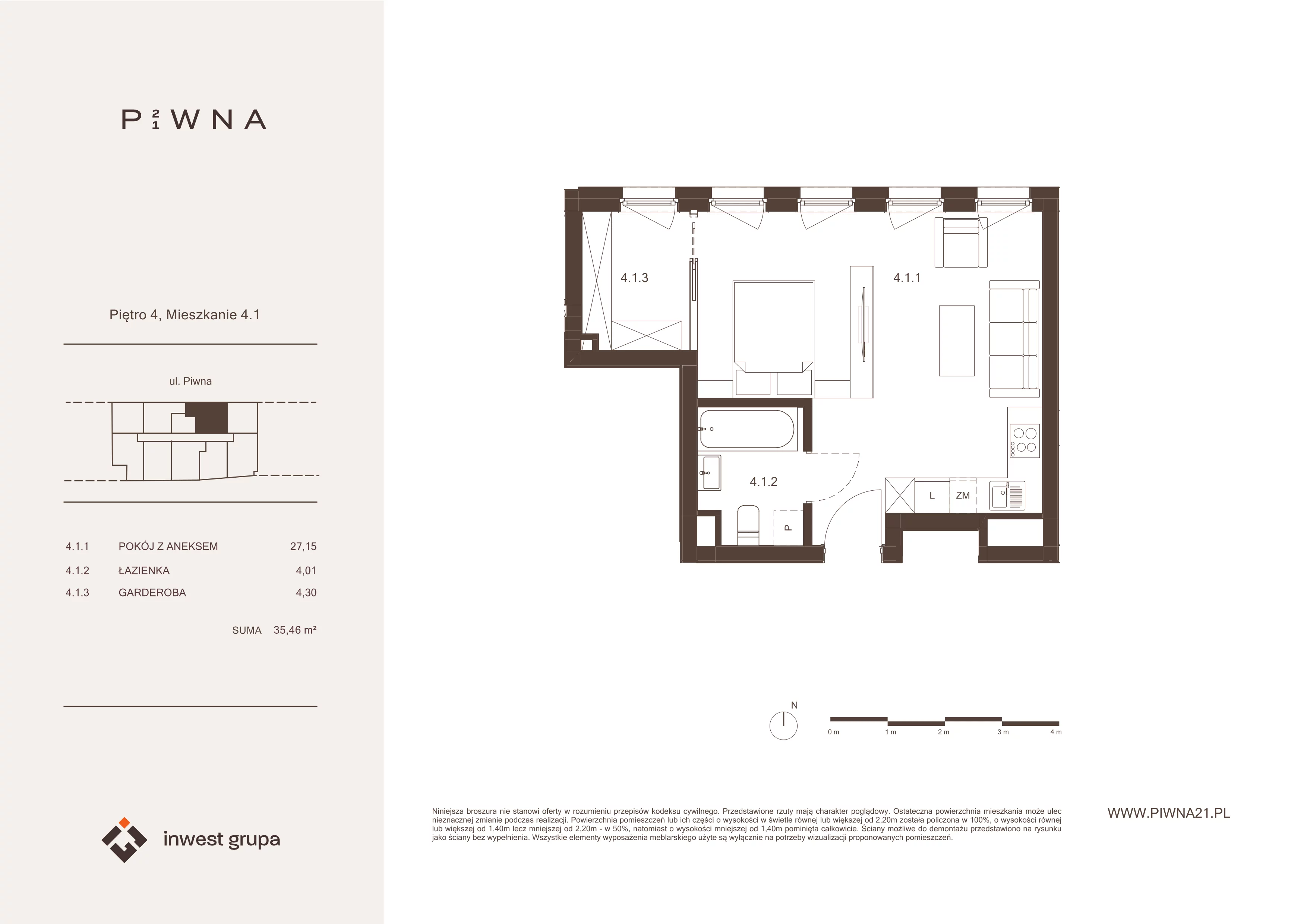 1 pokój, mieszkanie 35,46 m², piętro 4, oferta nr 4.1, Piwna 21, Wrocław, Plac Grunwaldzki, Śródmieście, ul. Piwna 21