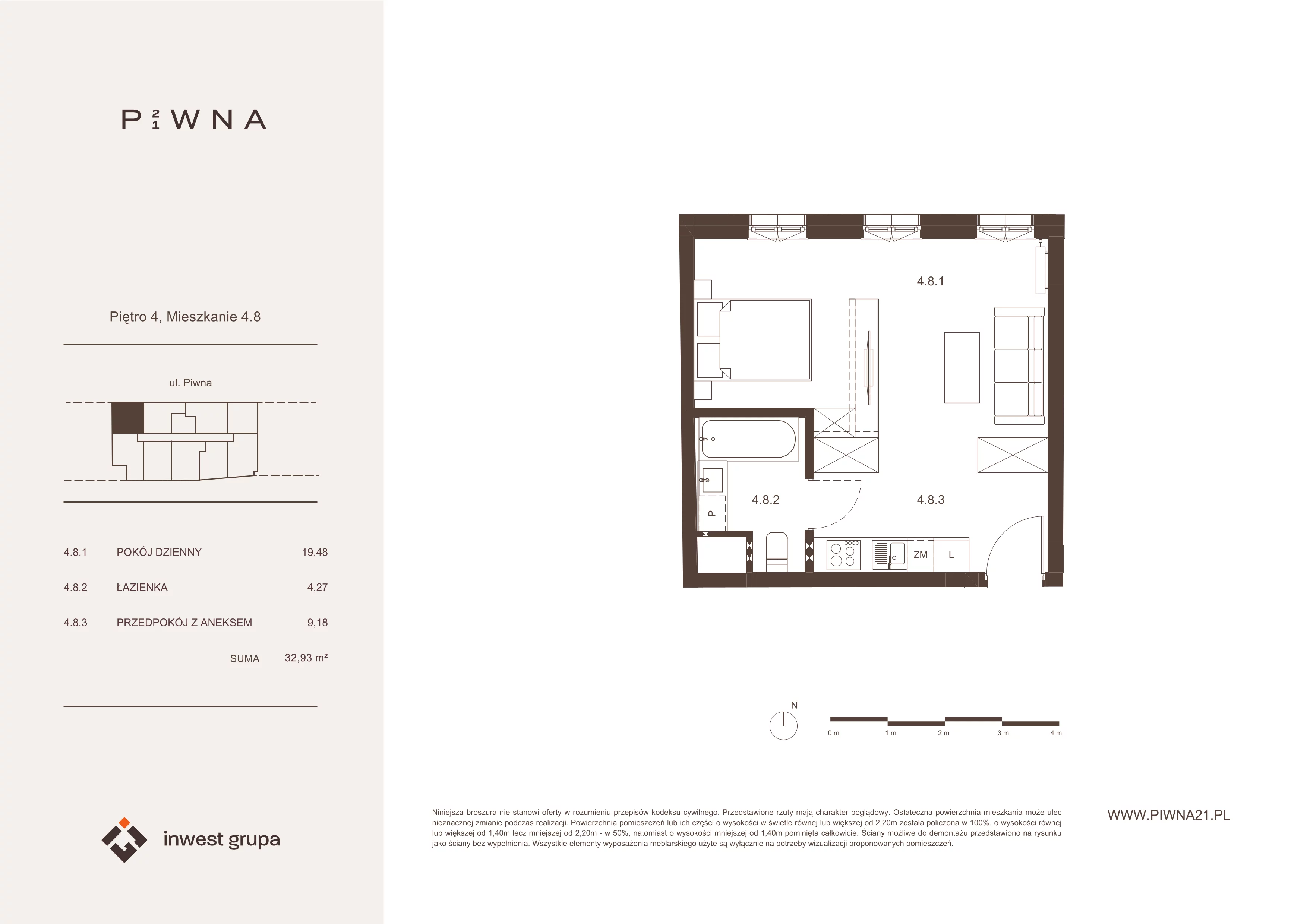 1 pokój, mieszkanie 32,93 m², piętro 4, oferta nr 4.8, Piwna 21, Wrocław, Plac Grunwaldzki, Śródmieście, ul. Piwna 21