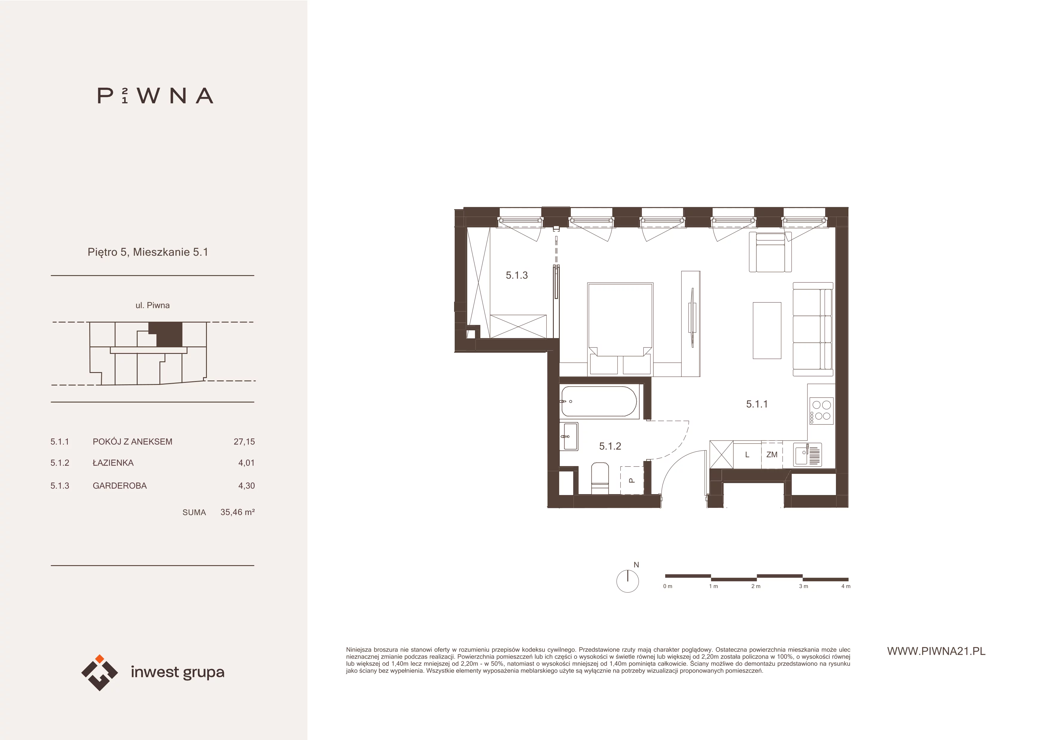 1 pokój, mieszkanie 35,46 m², piętro 5, oferta nr 5.1, Piwna 21, Wrocław, Plac Grunwaldzki, Śródmieście, ul. Piwna 21