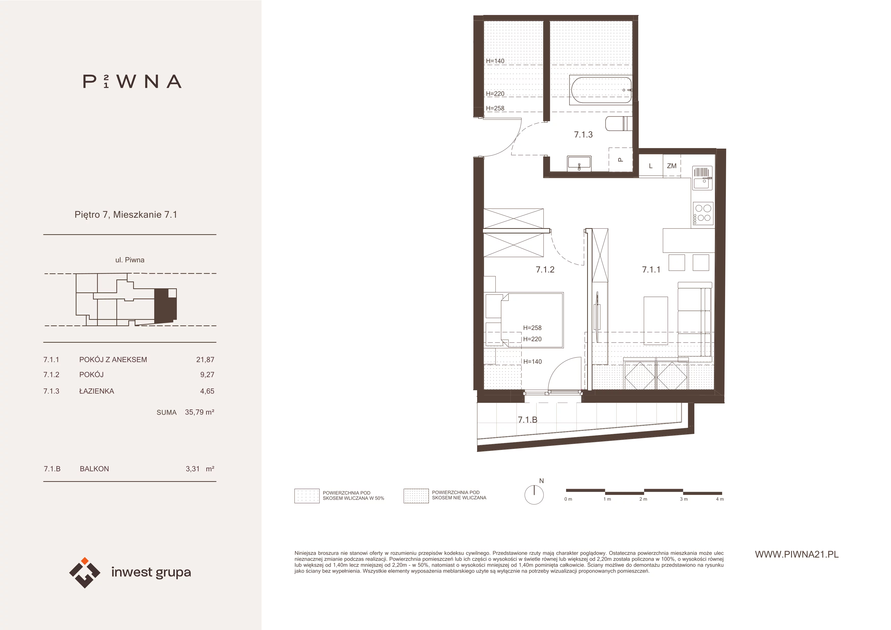 2 pokoje, mieszkanie 35,79 m², piętro 7, oferta nr 7.1, Piwna 21, Wrocław, Plac Grunwaldzki, Śródmieście, ul. Piwna 21