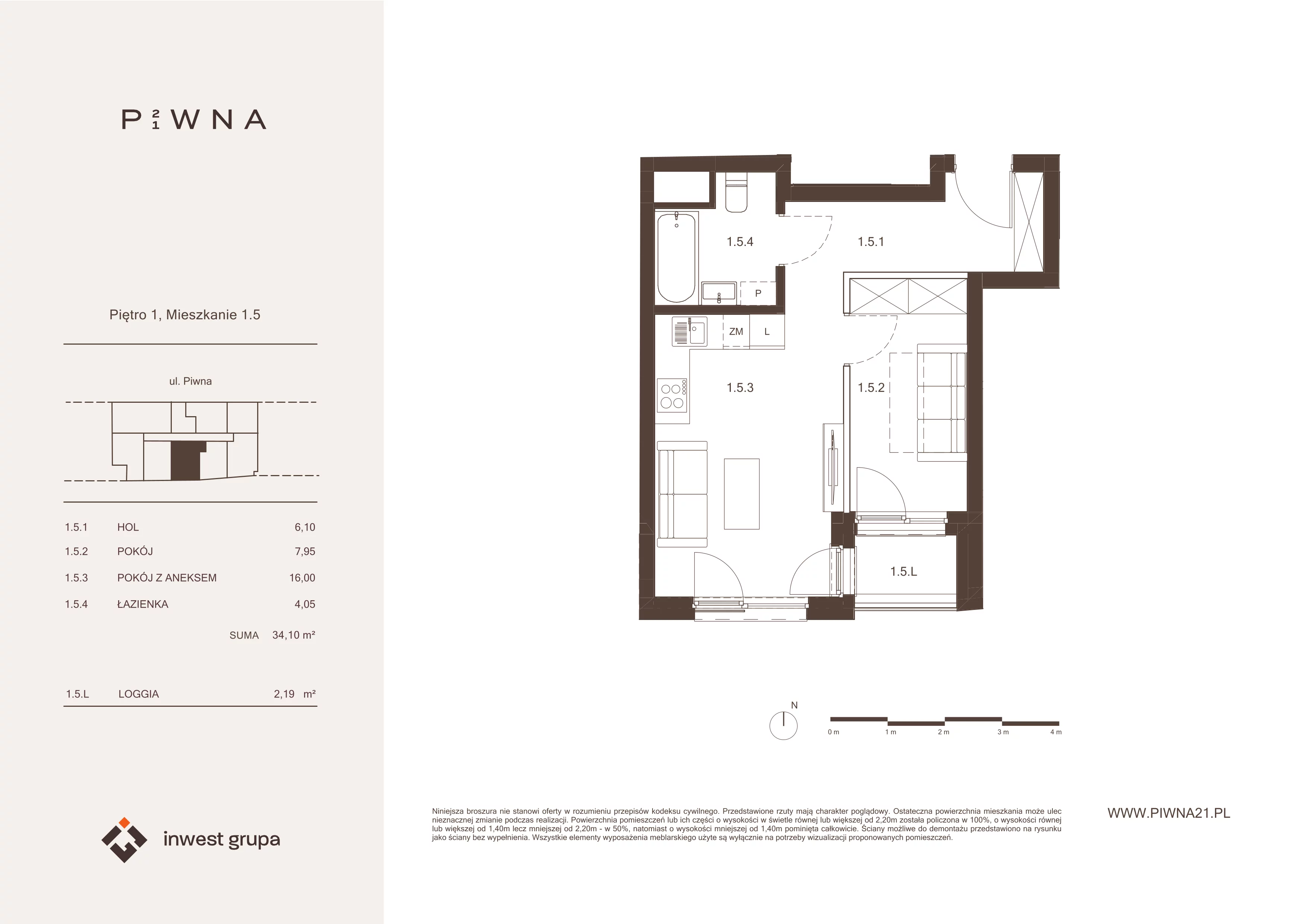 2 pokoje, mieszkanie 34,10 m², piętro 1, oferta nr 1.5, Piwna 21, Wrocław, Plac Grunwaldzki, Śródmieście, ul. Piwna 21