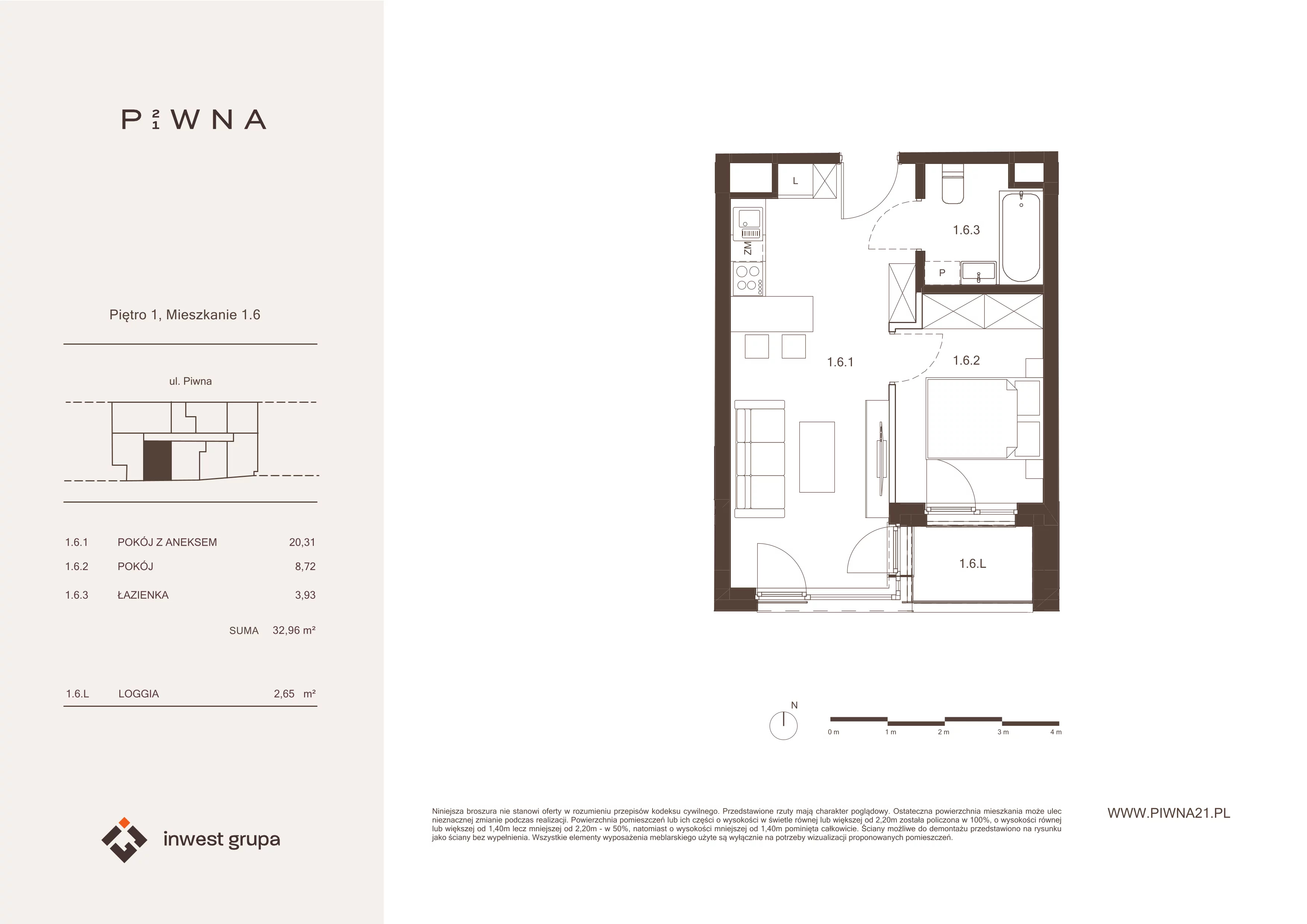 2 pokoje, mieszkanie 32,96 m², piętro 1, oferta nr 1.6, Piwna 21, Wrocław, Plac Grunwaldzki, Śródmieście, ul. Piwna 21