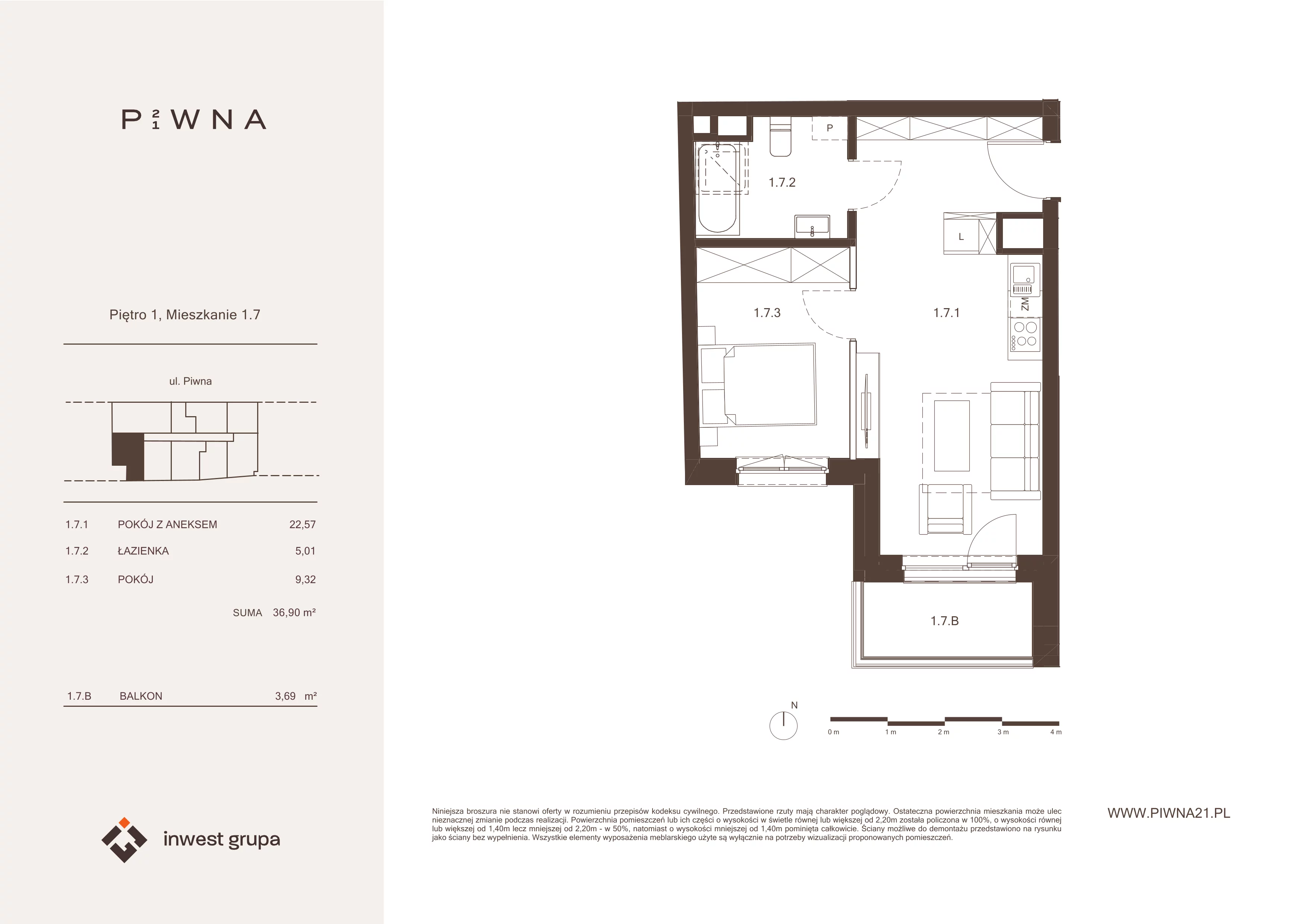 2 pokoje, mieszkanie 36,90 m², piętro 1, oferta nr 1.7, Piwna 21, Wrocław, Plac Grunwaldzki, Śródmieście, ul. Piwna 21
