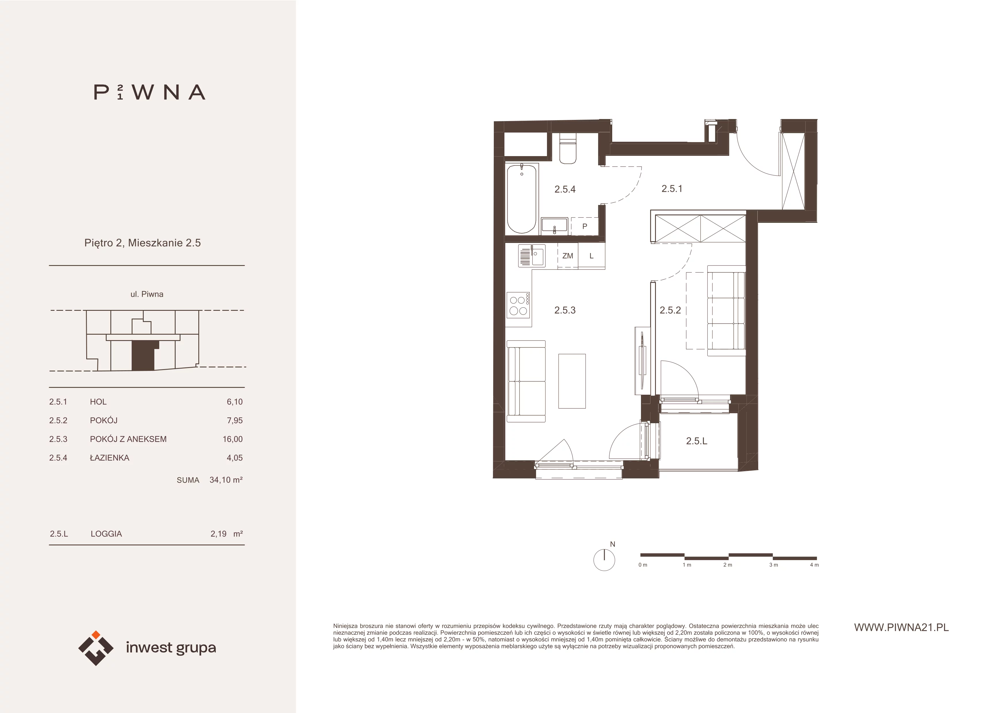2 pokoje, mieszkanie 34,10 m², piętro 2, oferta nr 2.5, Piwna 21, Wrocław, Plac Grunwaldzki, Śródmieście, ul. Piwna 21