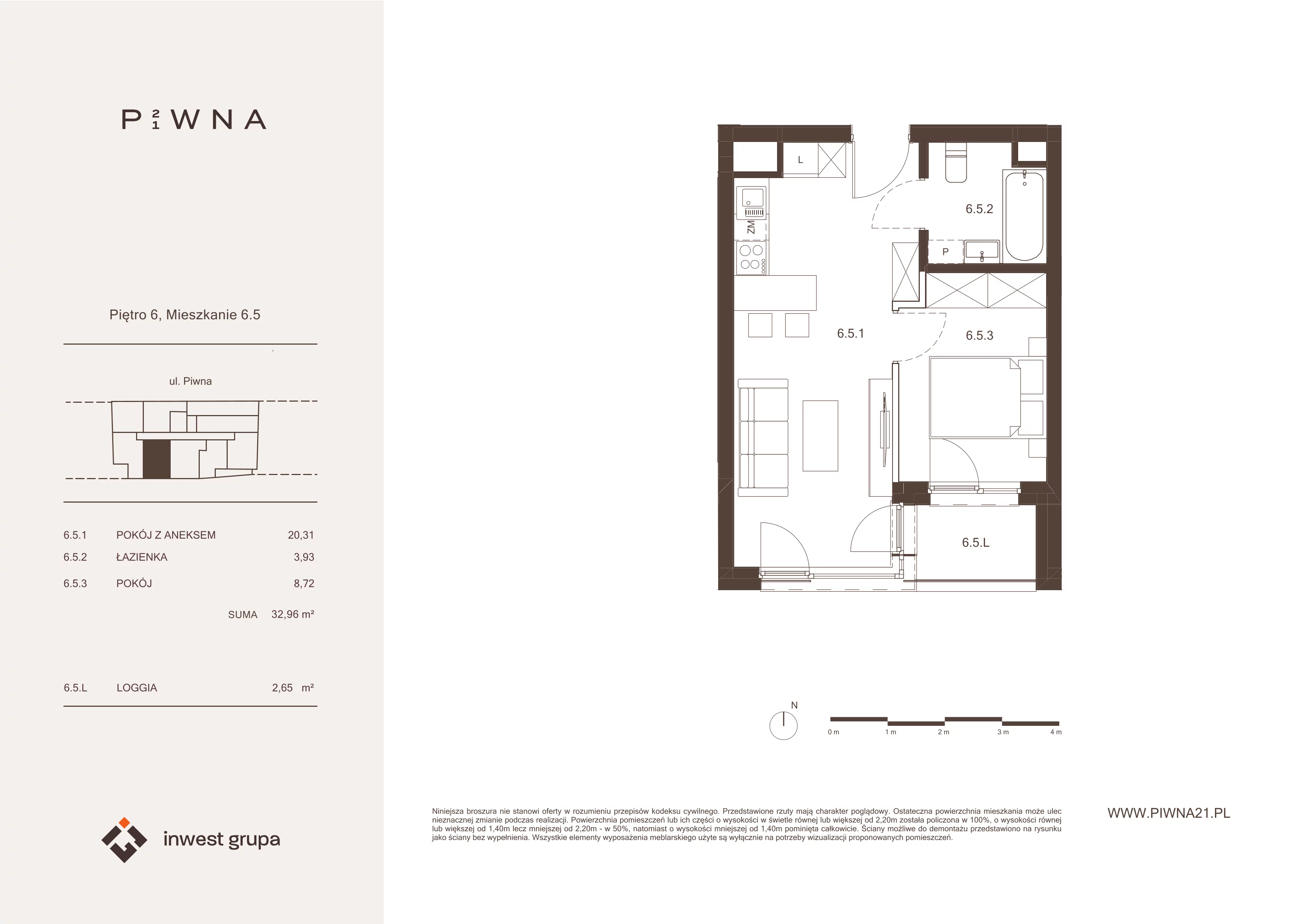 2 pokoje, mieszkanie 32,96 m², piętro 6, oferta nr 6.5, Piwna 21, Wrocław, Plac Grunwaldzki, Śródmieście, ul. Piwna 21