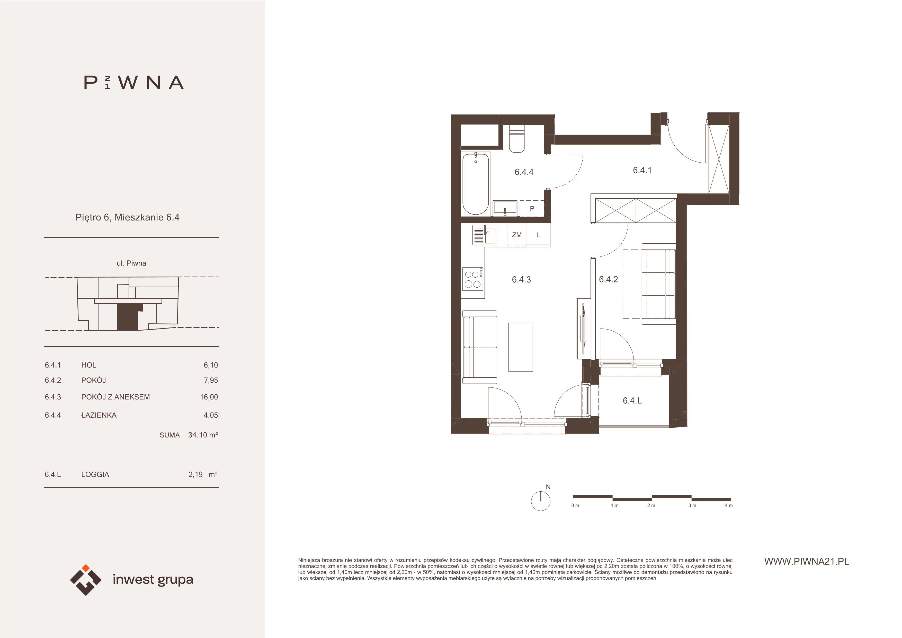 2 pokoje, mieszkanie 34,10 m², piętro 6, oferta nr 6.4, Piwna 21, Wrocław, Plac Grunwaldzki, Śródmieście, ul. Piwna 21