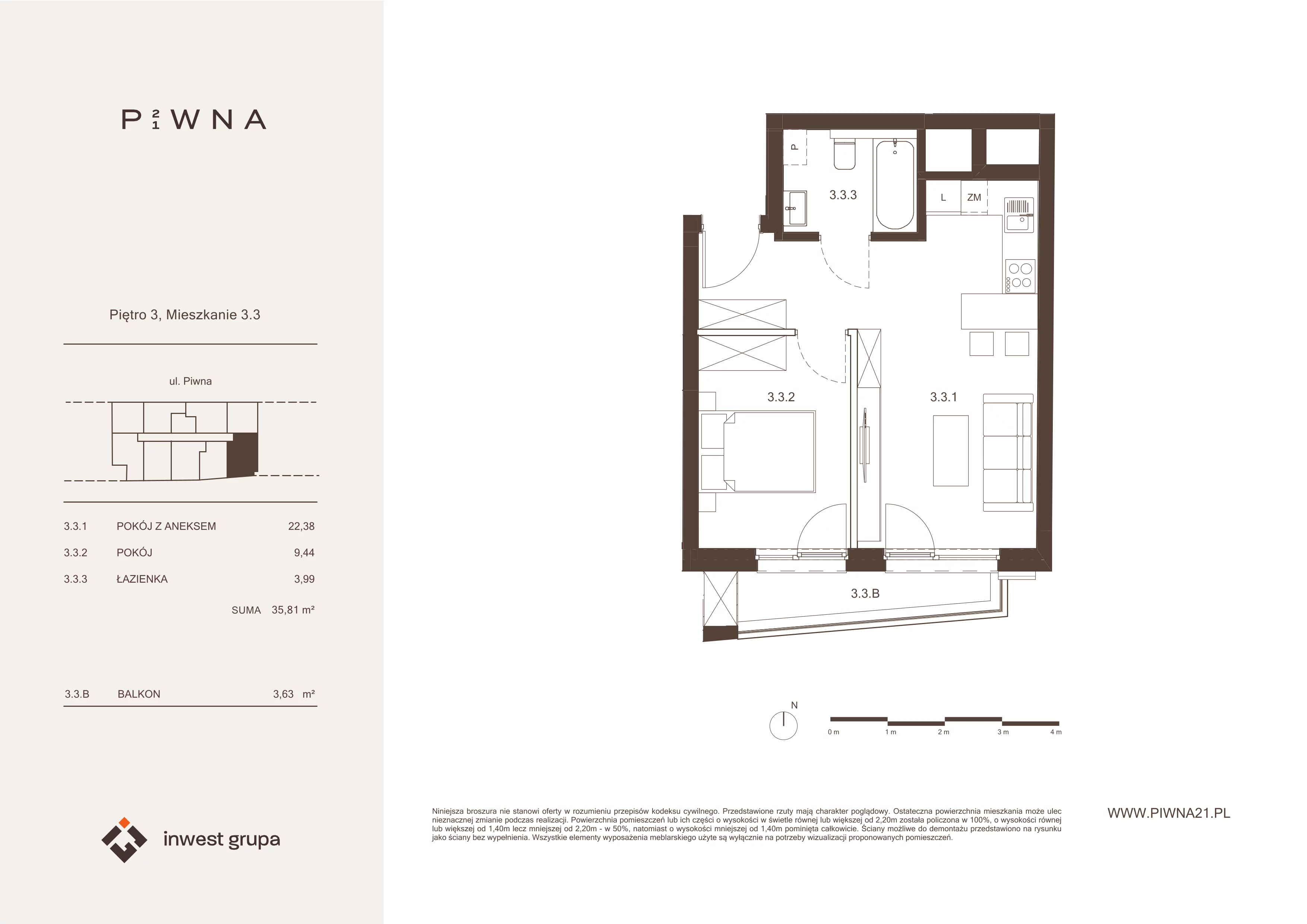 2 pokoje, mieszkanie 35,81 m², piętro 3, oferta nr 3.3, Piwna 21, Wrocław, Plac Grunwaldzki, Śródmieście, ul. Piwna 21