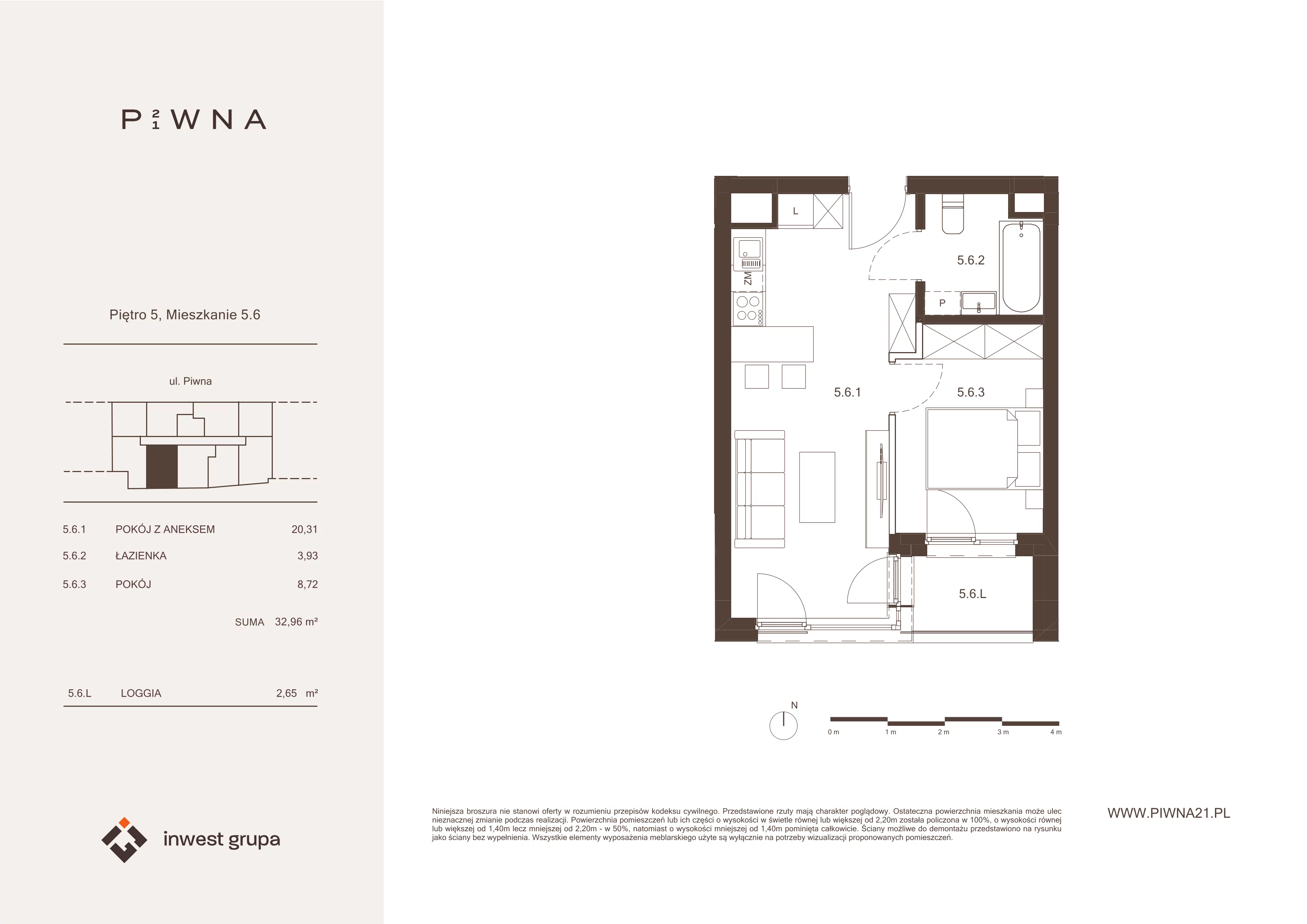2 pokoje, mieszkanie 32,96 m², piętro 5, oferta nr 5.6, Piwna 21, Wrocław, Plac Grunwaldzki, Śródmieście, ul. Piwna 21