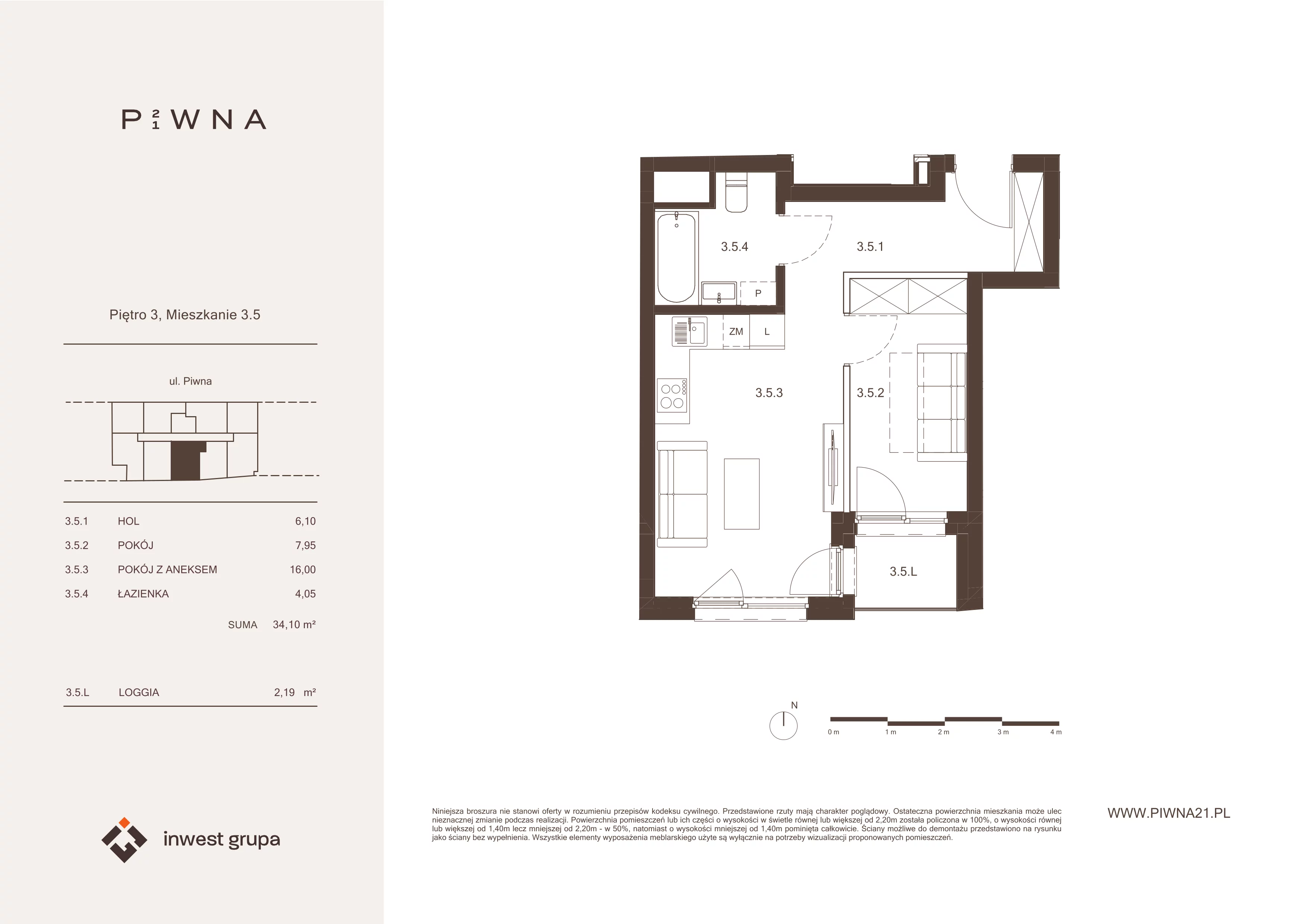 2 pokoje, mieszkanie 34,10 m², piętro 3, oferta nr 3.5, Piwna 21, Wrocław, Plac Grunwaldzki, Śródmieście, ul. Piwna 21