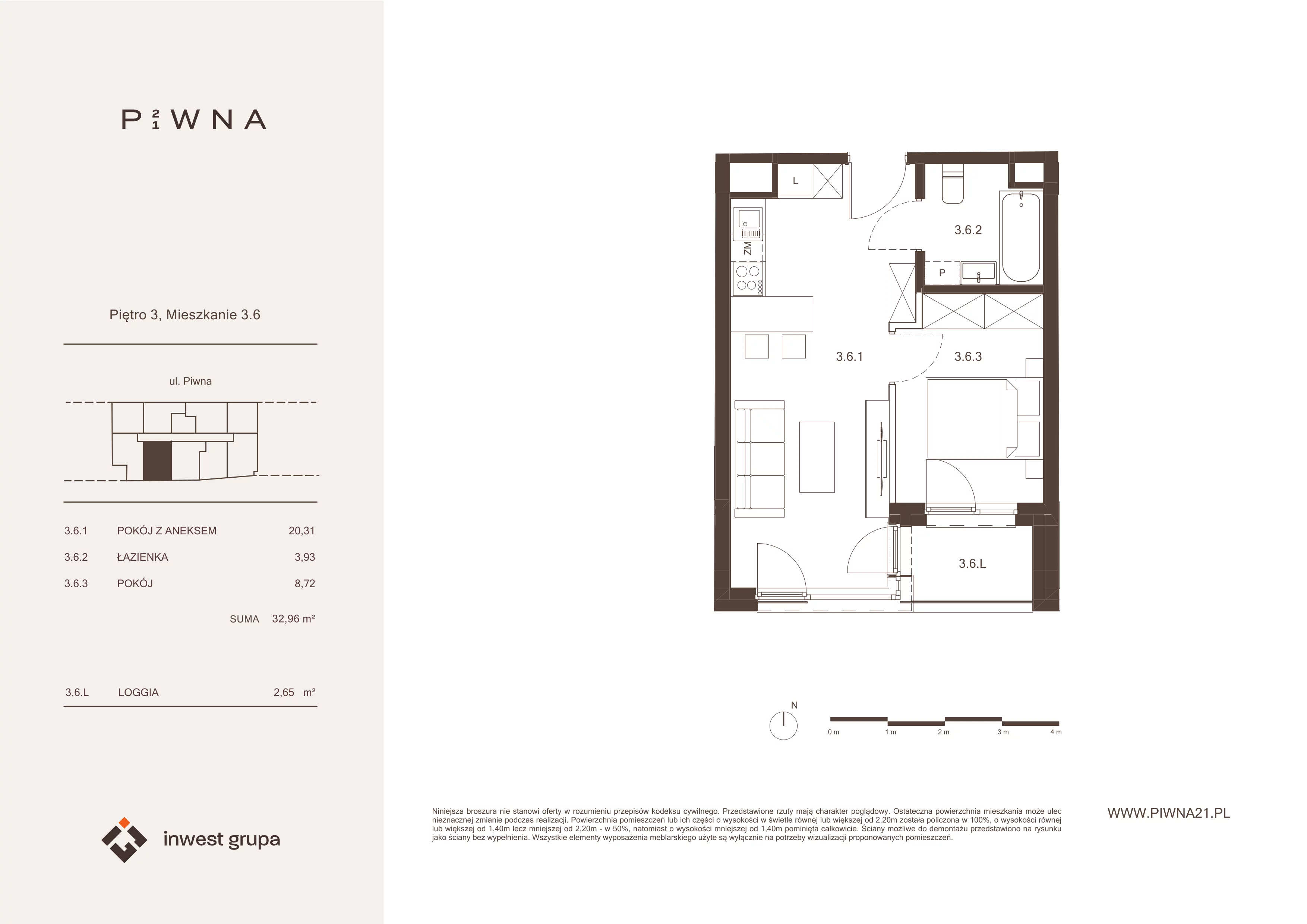 2 pokoje, mieszkanie 32,96 m², piętro 3, oferta nr 3.6, Piwna 21, Wrocław, Plac Grunwaldzki, Śródmieście, ul. Piwna 21