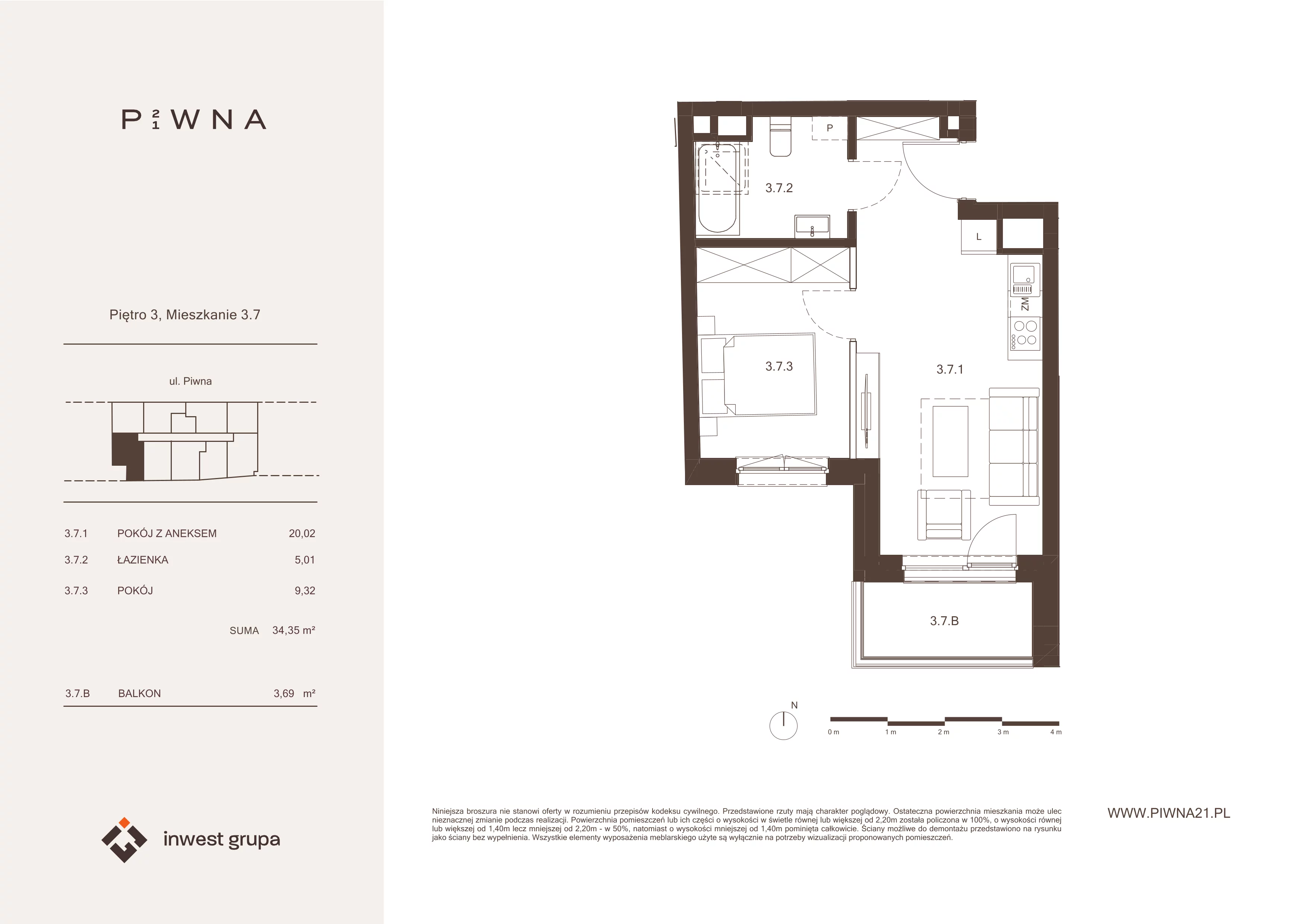 2 pokoje, mieszkanie 34,35 m², piętro 3, oferta nr 3.7, Piwna 21, Wrocław, Plac Grunwaldzki, Śródmieście, ul. Piwna 21