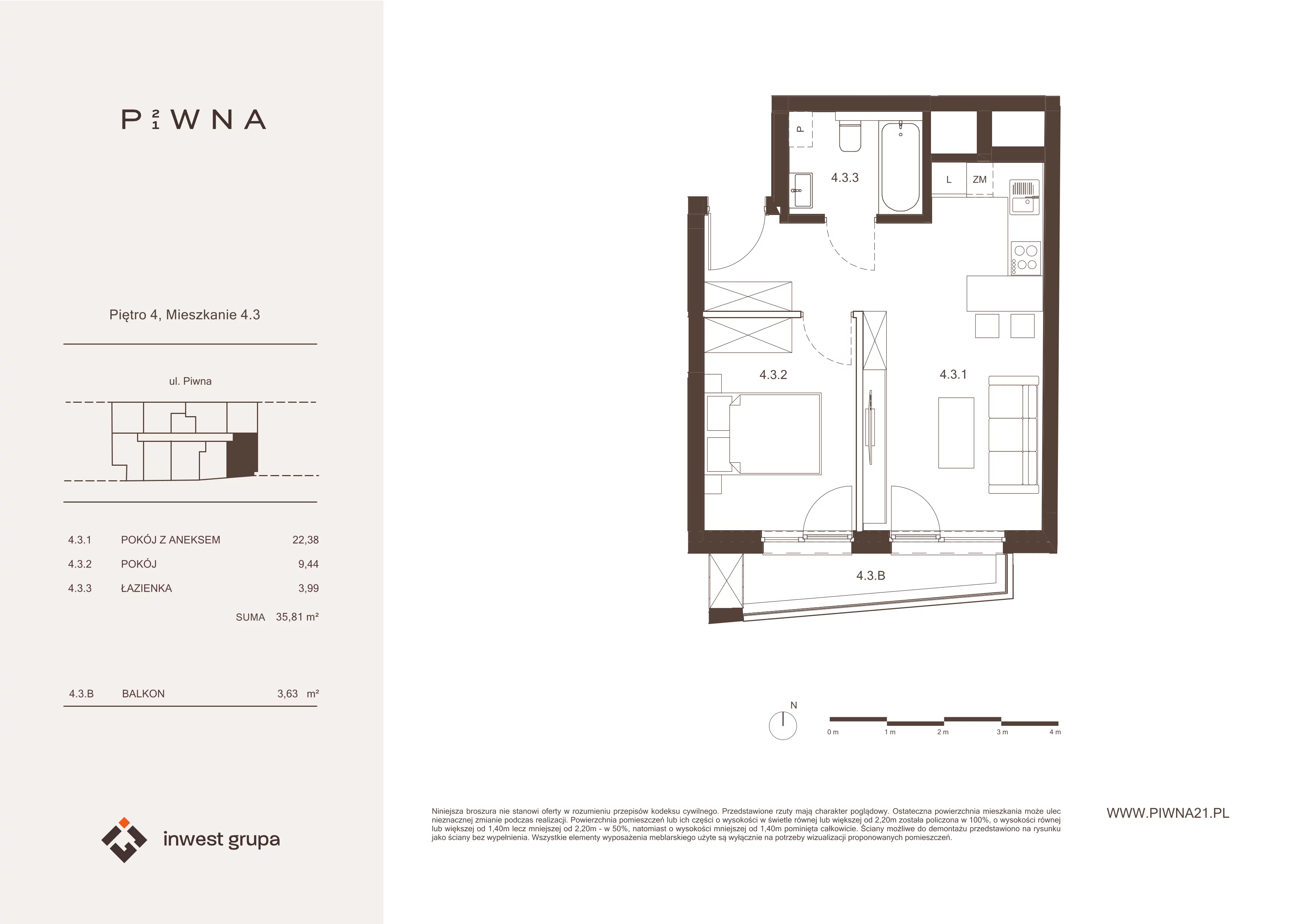 2 pokoje, mieszkanie 35,81 m², piętro 4, oferta nr 4.3, Piwna 21, Wrocław, Plac Grunwaldzki, Śródmieście, ul. Piwna 21