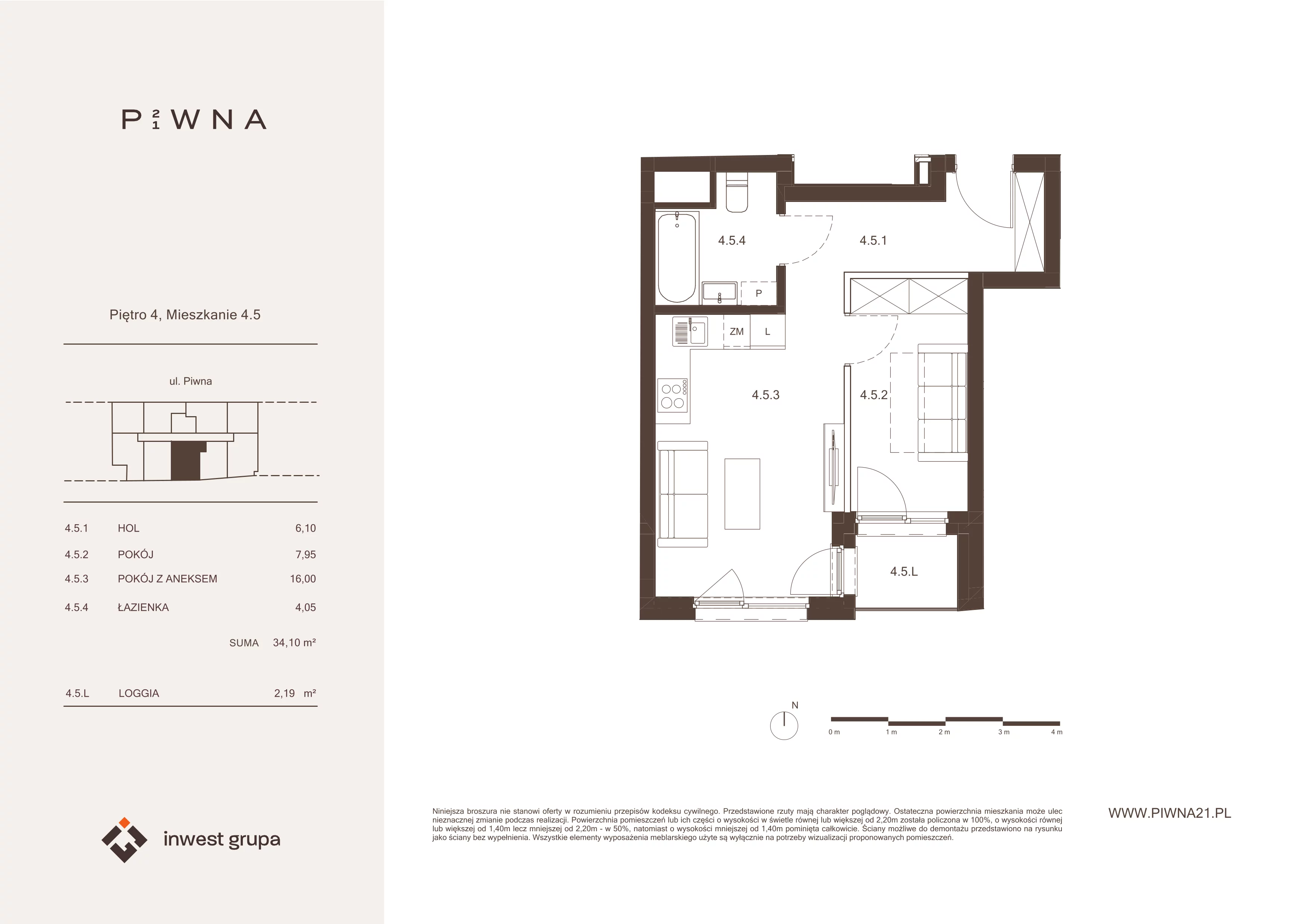 2 pokoje, mieszkanie 34,10 m², piętro 4, oferta nr 4.5, Piwna 21, Wrocław, Plac Grunwaldzki, Śródmieście, ul. Piwna 21