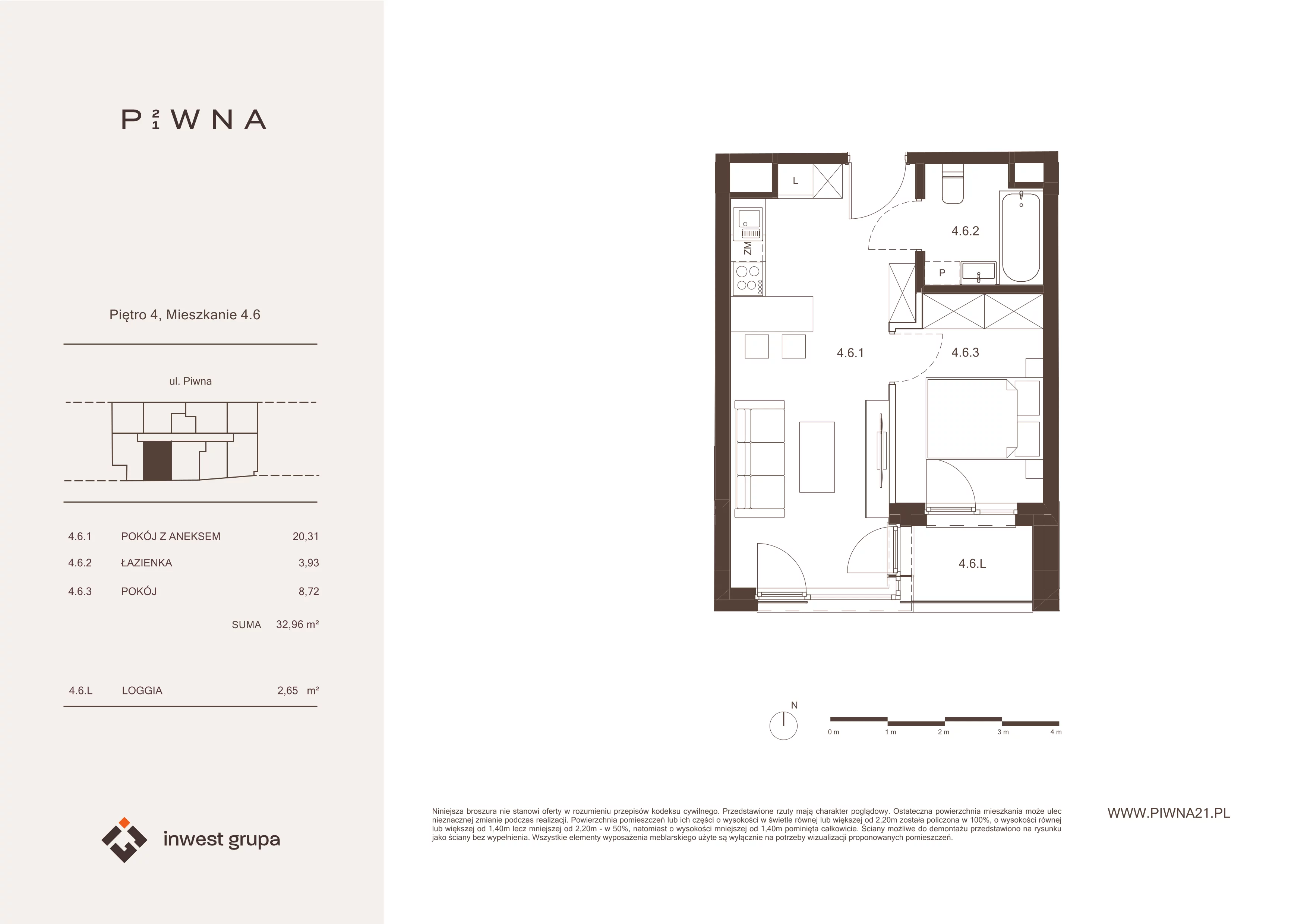 2 pokoje, mieszkanie 32,96 m², piętro 4, oferta nr 4.6, Piwna 21, Wrocław, Plac Grunwaldzki, Śródmieście, ul. Piwna 21