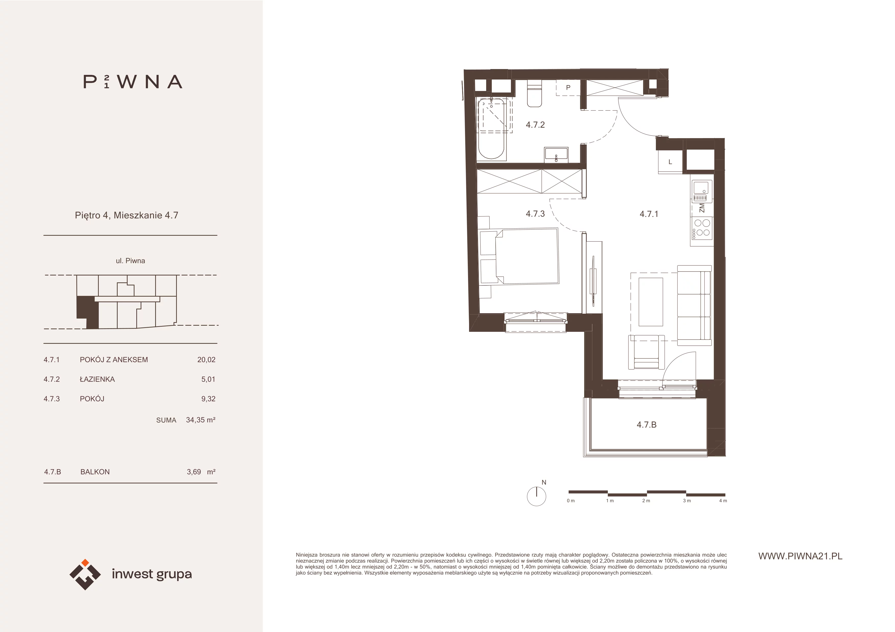 2 pokoje, mieszkanie 34,35 m², piętro 4, oferta nr 4.7, Piwna 21, Wrocław, Plac Grunwaldzki, Śródmieście, ul. Piwna 21