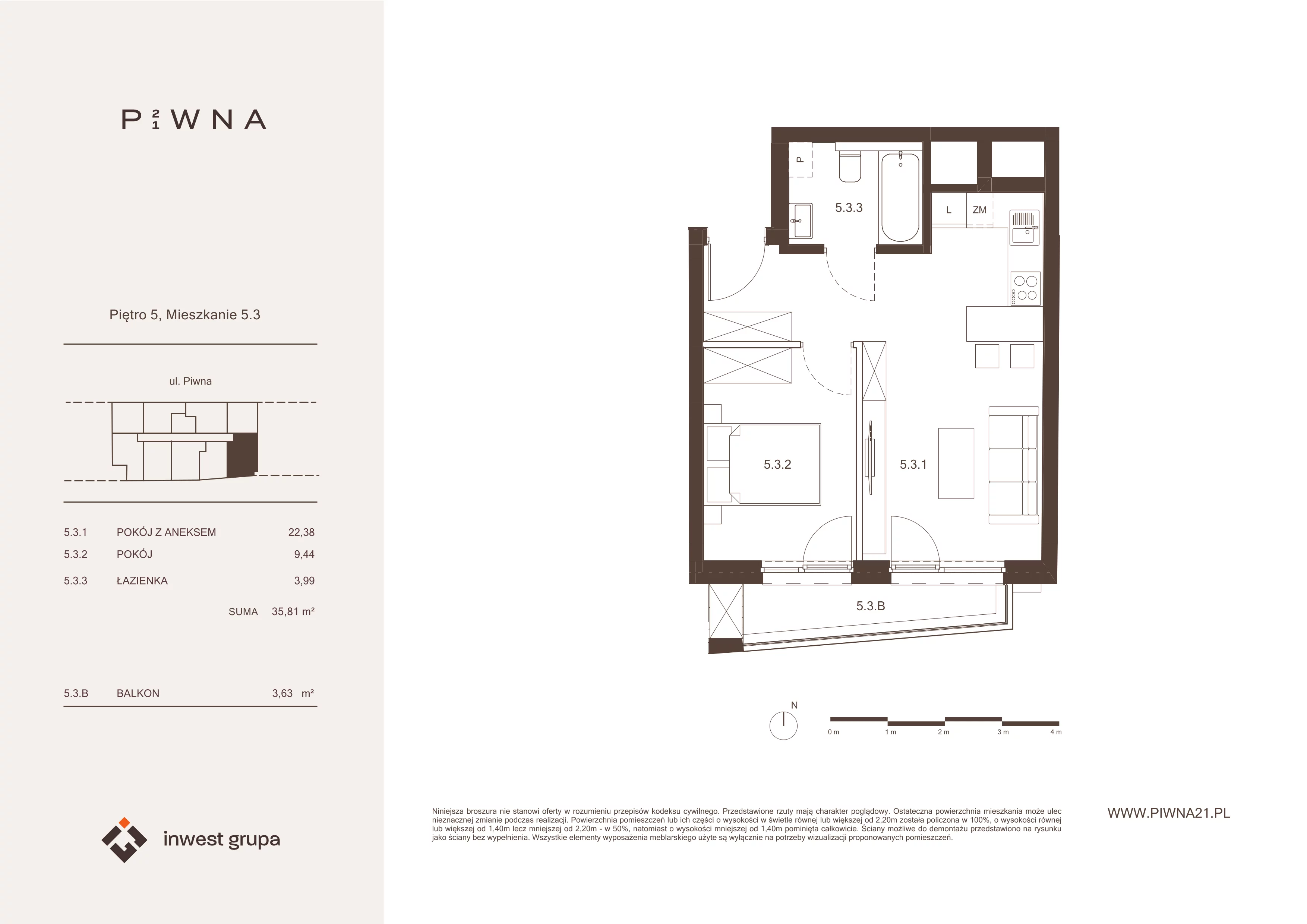 2 pokoje, mieszkanie 35,81 m², piętro 5, oferta nr 5.3, Piwna 21, Wrocław, Plac Grunwaldzki, Śródmieście, ul. Piwna 21