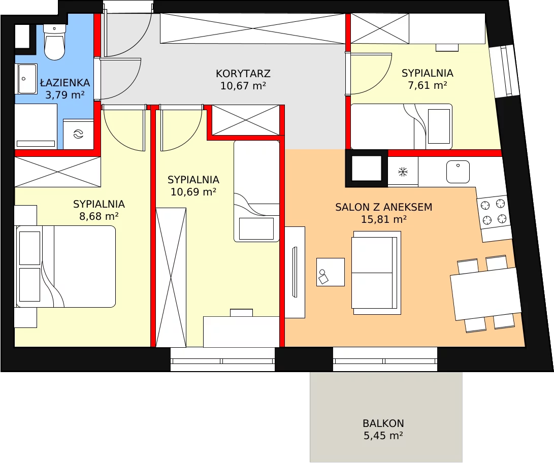 Nowe mieszkanie, 57,25 m², 4 pokoje, 2 piętro, oferta nr B2.28