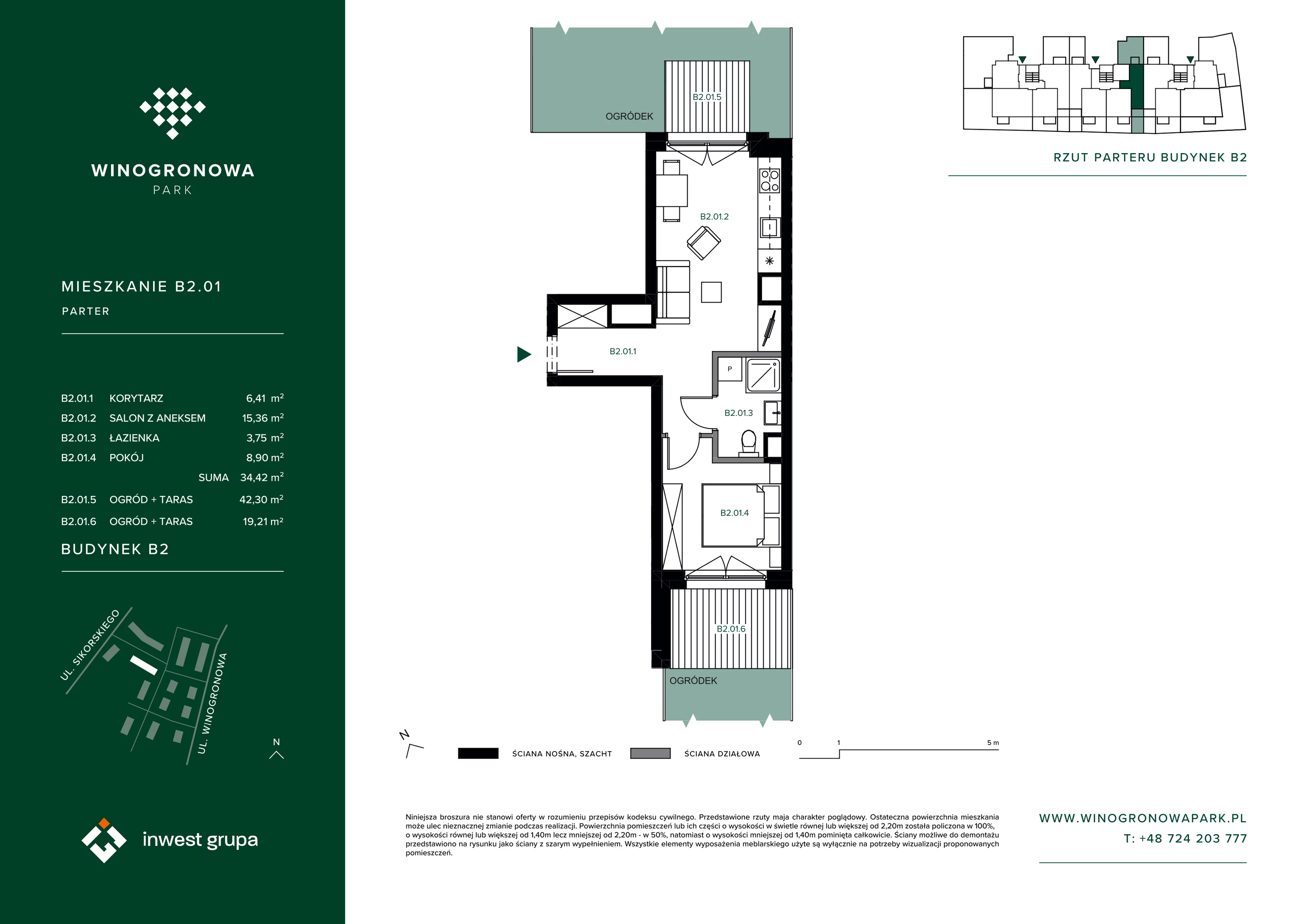 2 pokoje, mieszkanie 34,42 m², parter, oferta nr B2.1, Winogronowa Park, Środa Śląska, ul. Winogronowa