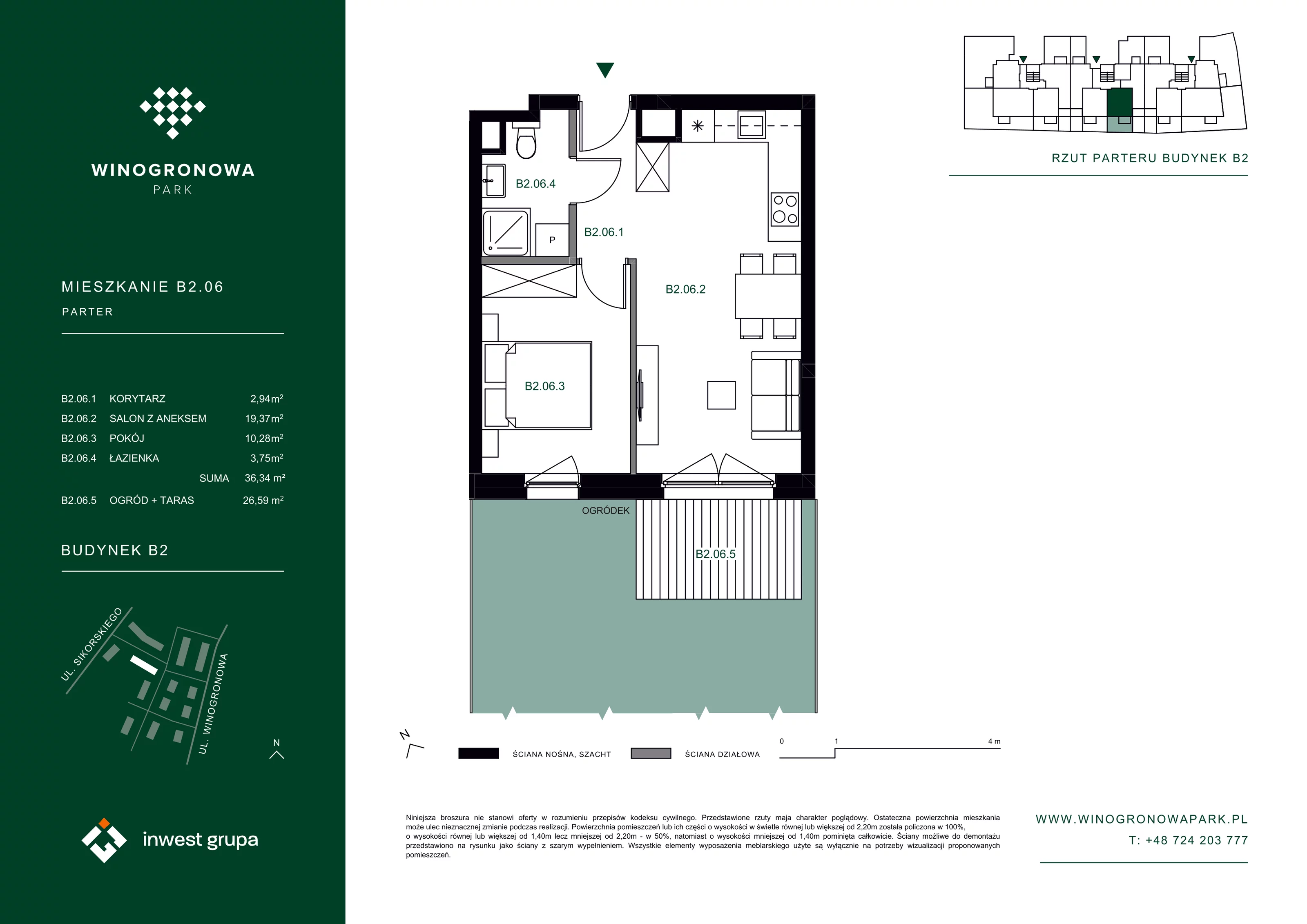 2 pokoje, mieszkanie 36,34 m², parter, oferta nr B2.6, Winogronowa Park, Środa Śląska, ul. Winogronowa