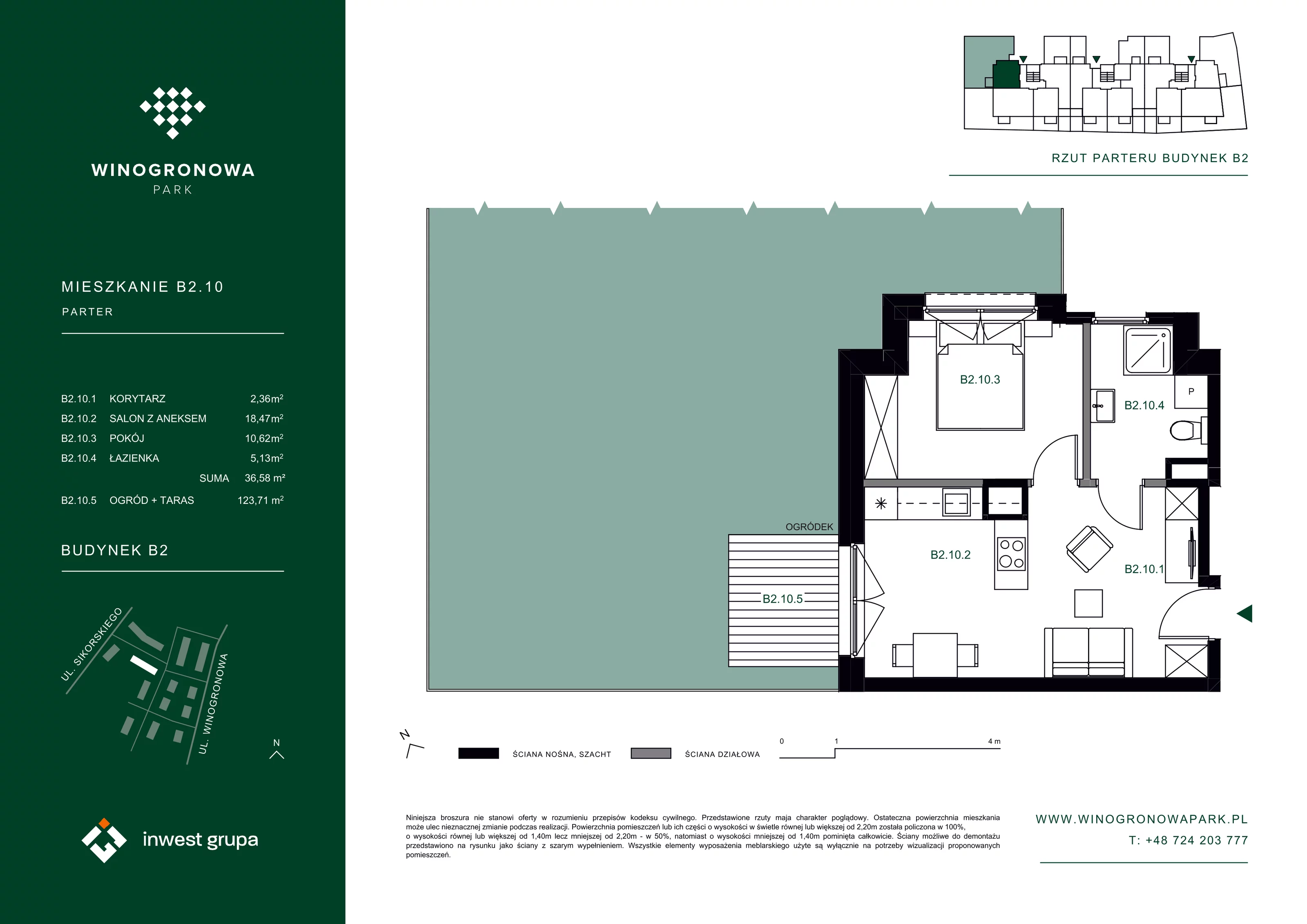 2 pokoje, mieszkanie 36,58 m², parter, oferta nr B2.10, Winogronowa Park, Środa Śląska, ul. Winogronowa