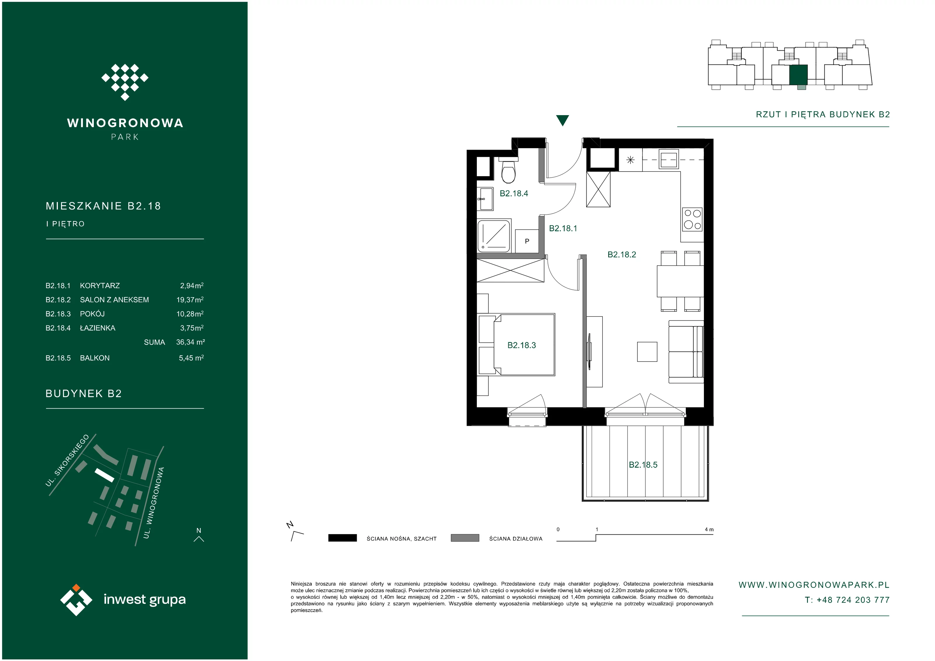 2 pokoje, mieszkanie 36,34 m², piętro 1, oferta nr B2.18, Winogronowa Park, Środa Śląska, ul. Winogronowa