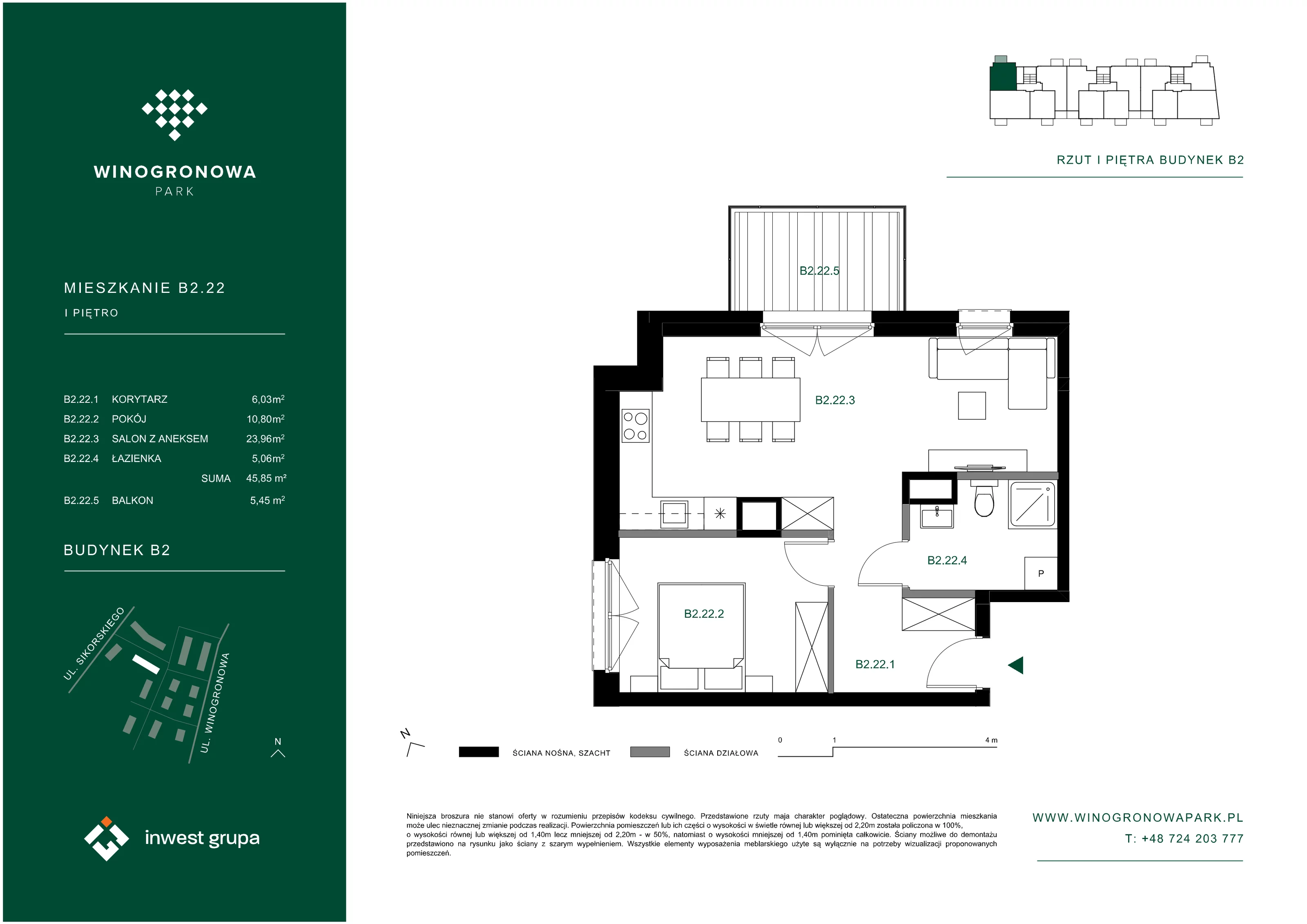 2 pokoje, mieszkanie 45,85 m², piętro 1, oferta nr B2.22, Winogronowa Park, Środa Śląska, ul. Winogronowa