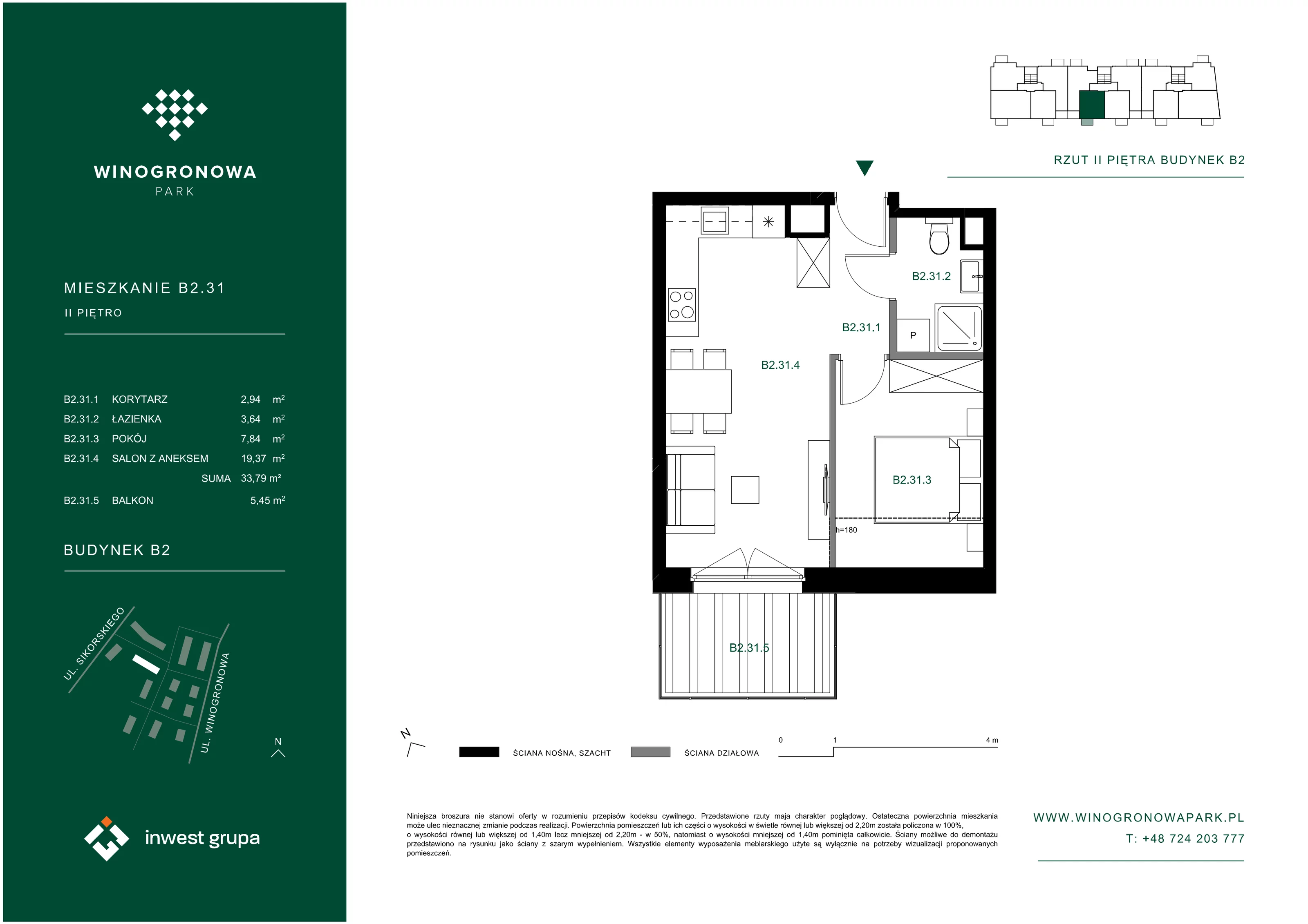 2 pokoje, mieszkanie 33,79 m², piętro 2, oferta nr B2.31, Winogronowa Park, Środa Śląska, ul. Winogronowa