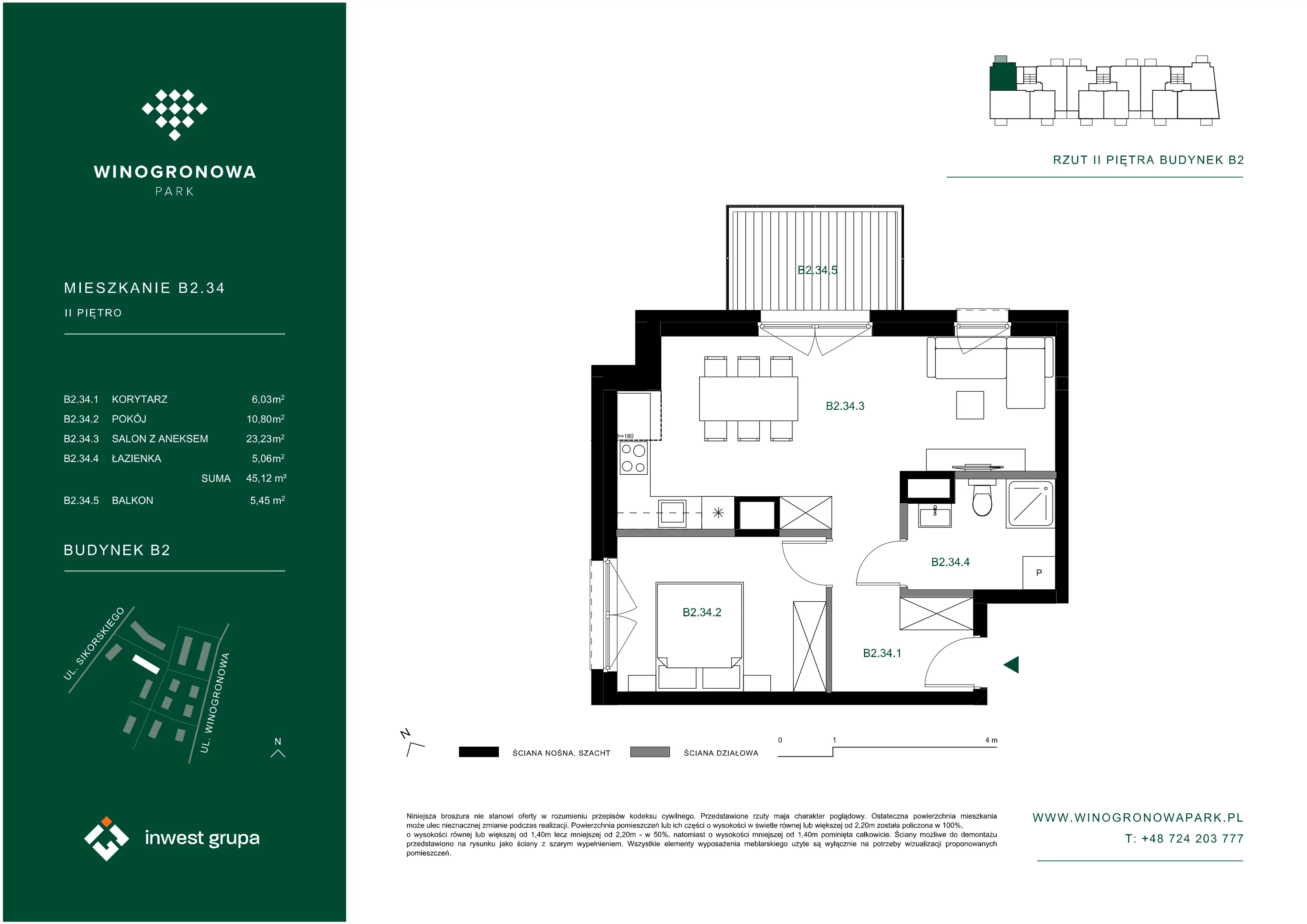 2 pokoje, mieszkanie 45,12 m², piętro 2, oferta nr B2.34, Winogronowa Park, Środa Śląska, ul. Winogronowa