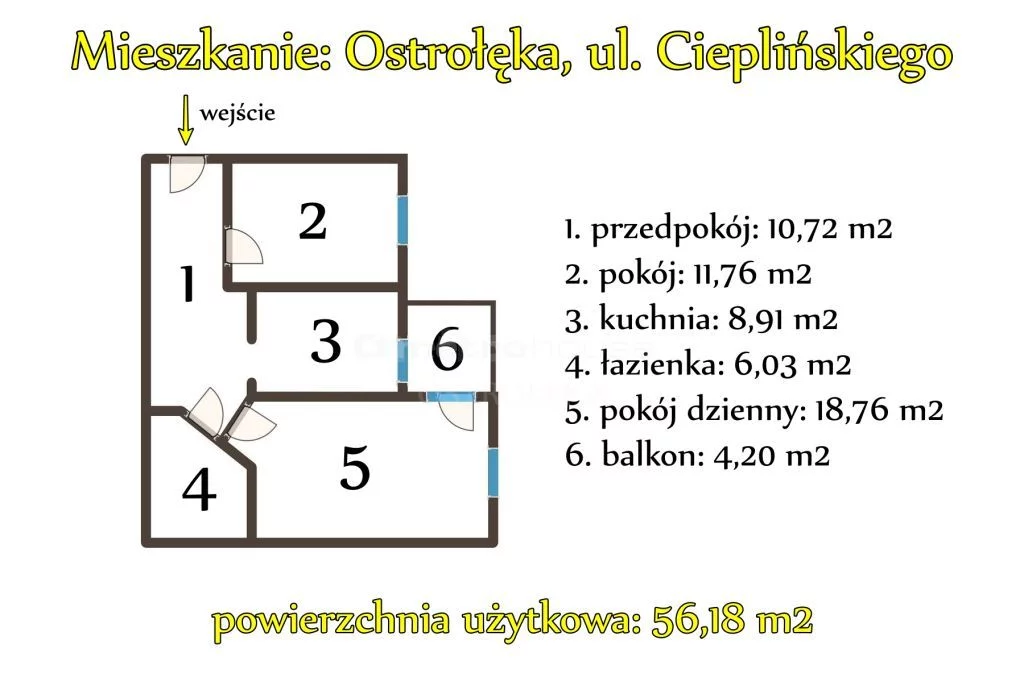 2 pokoje, mieszkanie 56,18 m², piętro 4, oferta nr , SMMIHY127, Ostrołęka, Cieplińskiego