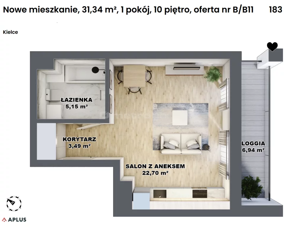 2 pokoje, mieszkanie 31,34 m², piętro 10, oferta nr , SMSUNA431, Kielce, Górna