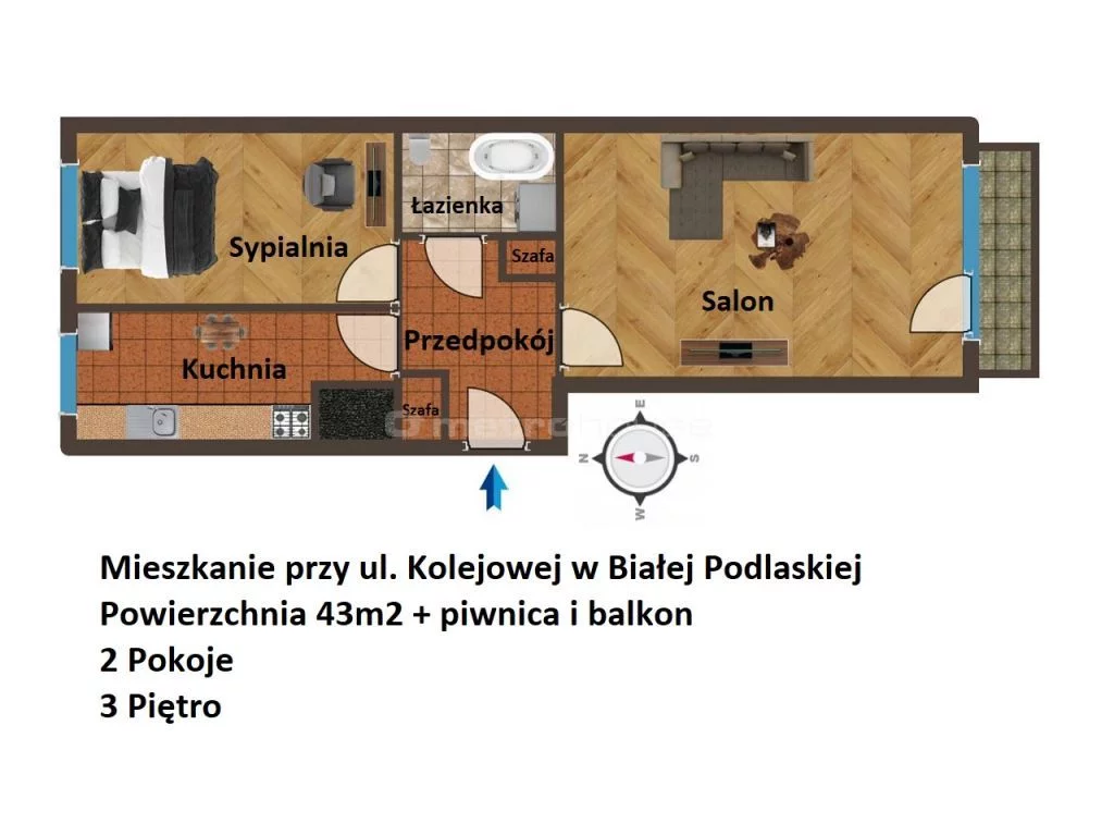 2 pokoje, mieszkanie 43,00 m², piętro 3, oferta nr , SMCITY816, Biała Podlaska, Kolejowa
